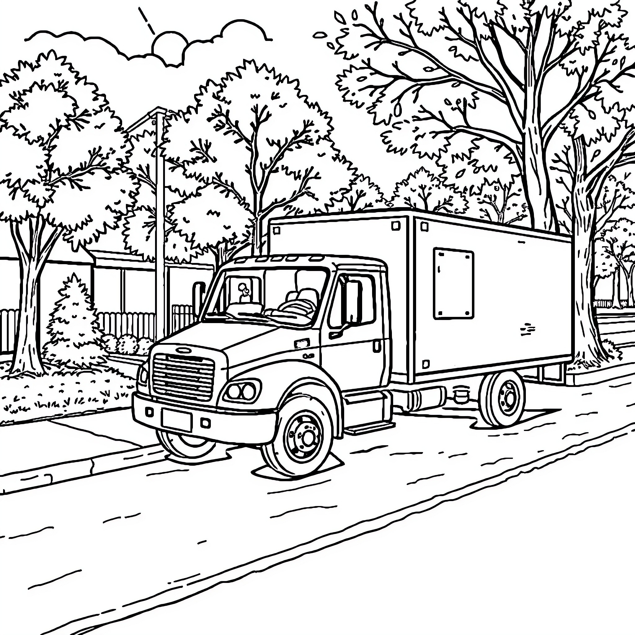 Delivery Truck Driving Through Scenic Landscape Coloring Page (free black-and-white line drawing printable PDF for all, from beginners to advanced learners, including children, teens, adults, and seniors)