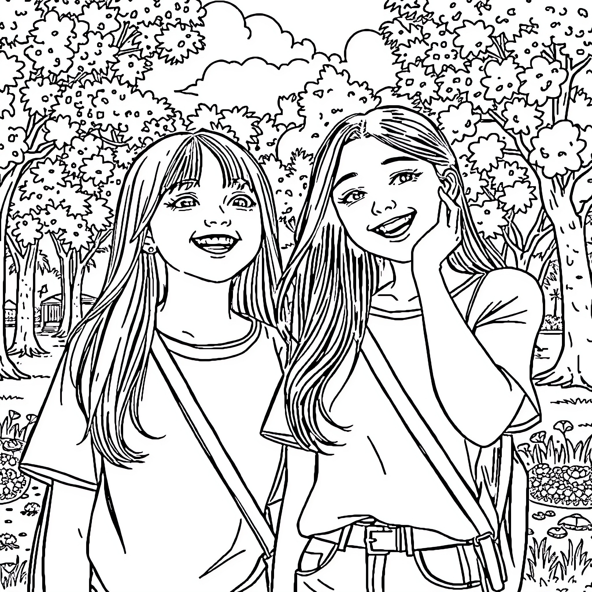 Girl friends enjoying nature in the park Coloring Page (free black-and-white line drawing printable PDF for all, from beginners to advanced learners, including children, teens, adults, and seniors)