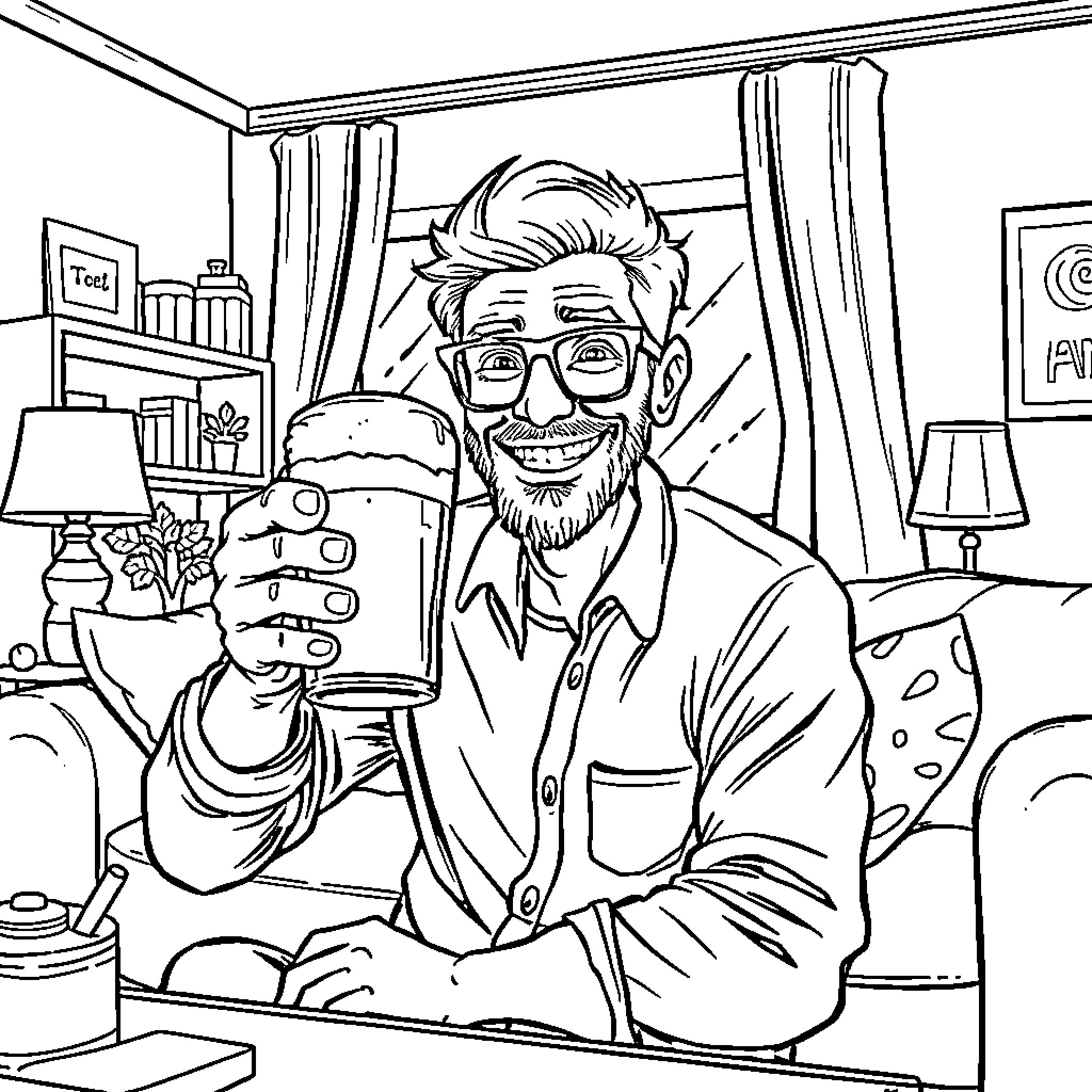 Geek enjoying a cozy indoor activity Coloring Page (free black-and-white line drawing printable PDF for all, from beginners to advanced learners, including children, teens, adults, and seniors)