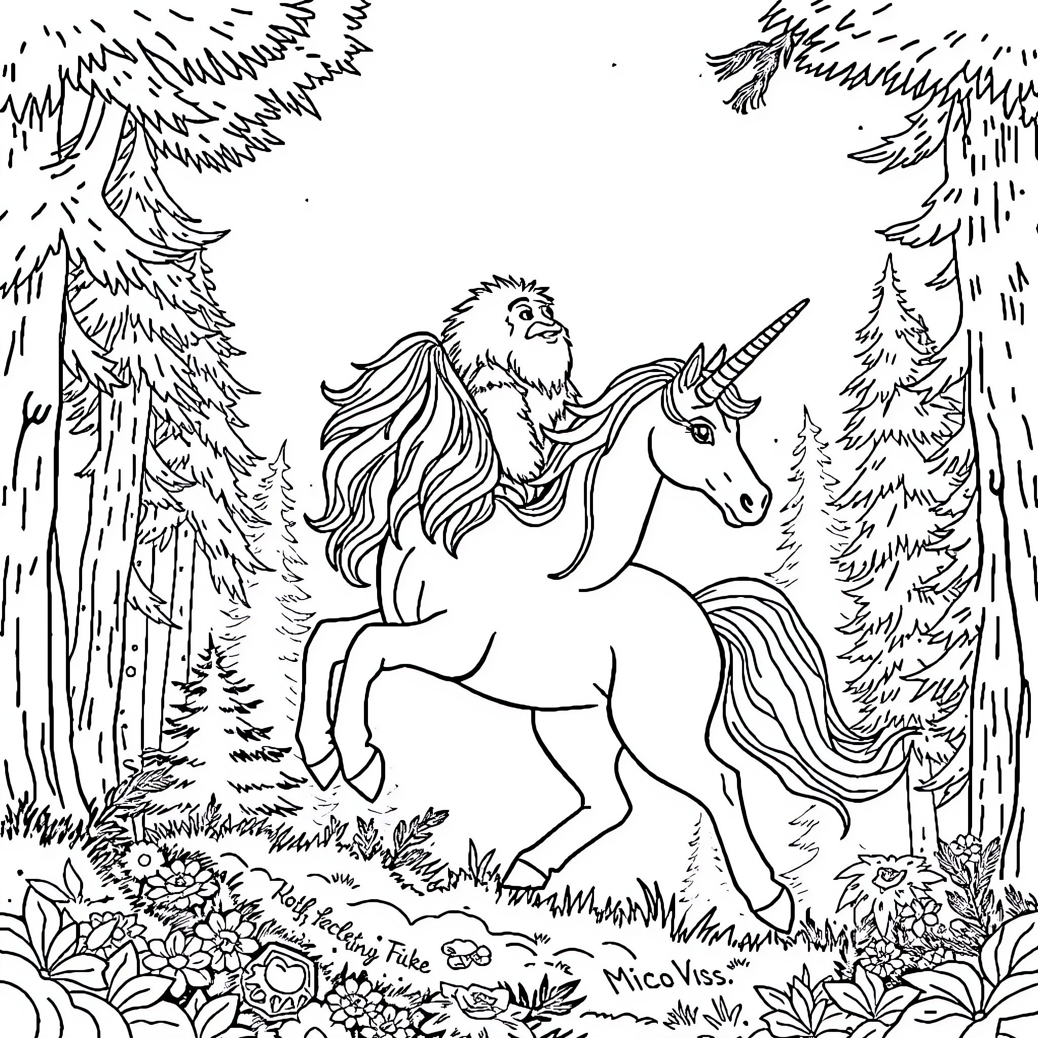 Unicorn and mythical creature in enchanted forest Coloring Page (free black-and-white line drawing printable PDF for all, from beginners to advanced learners, including children, teens, adults, and seniors)
