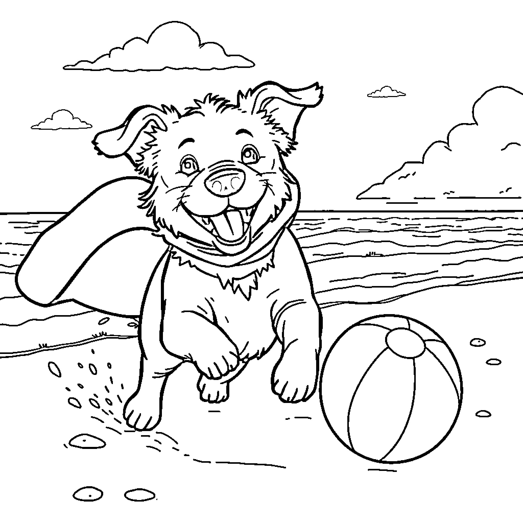 Dog playing joyfully at the beach Coloring Page (free black-and-white line drawing printable PDF for all, from beginners to advanced learners, including children, teens, adults, and seniors)