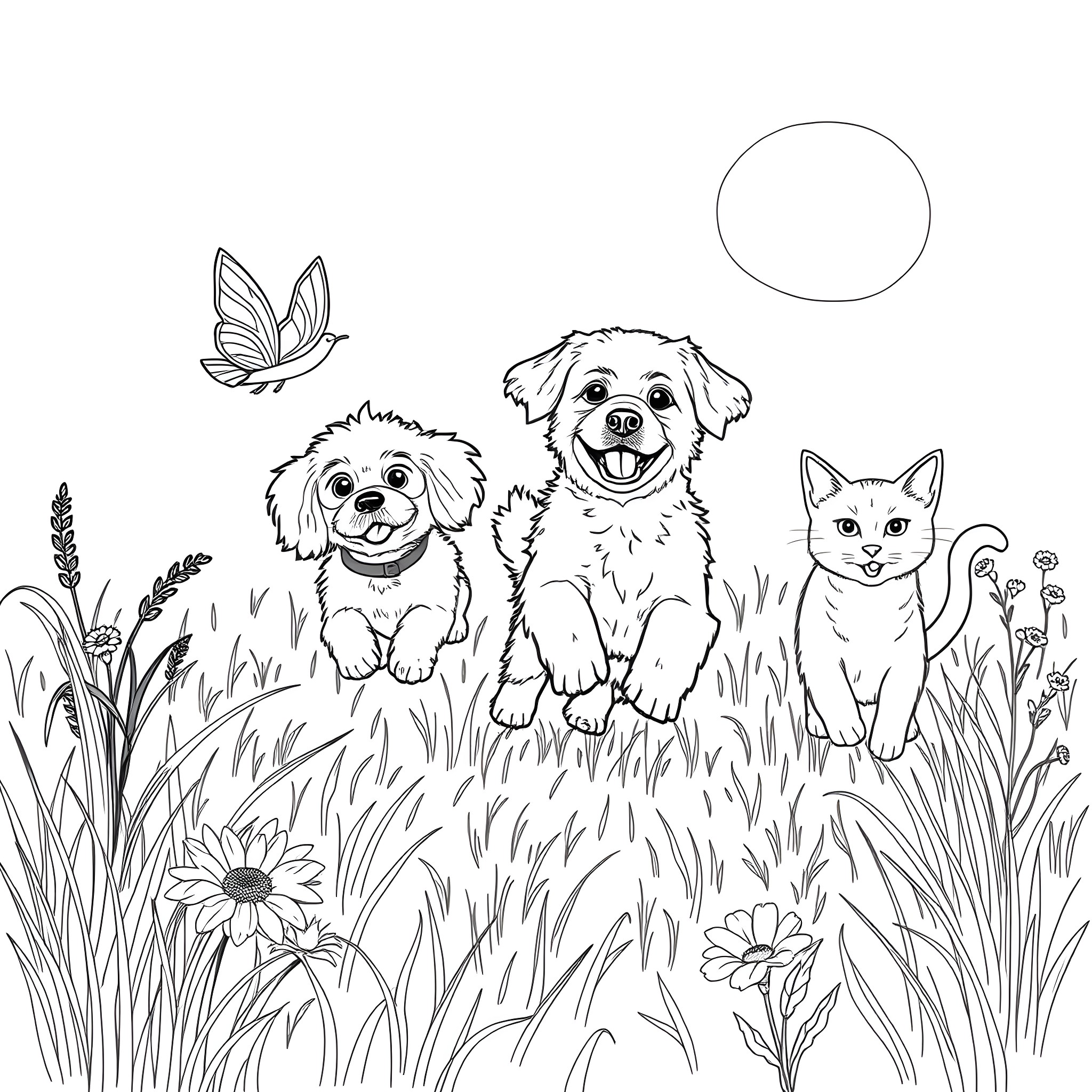 Dog and cat friends in the meadow Coloring Page (free black-and-white line drawing printable PDF for all, from beginners to advanced learners, including children, teens, adults, and seniors)