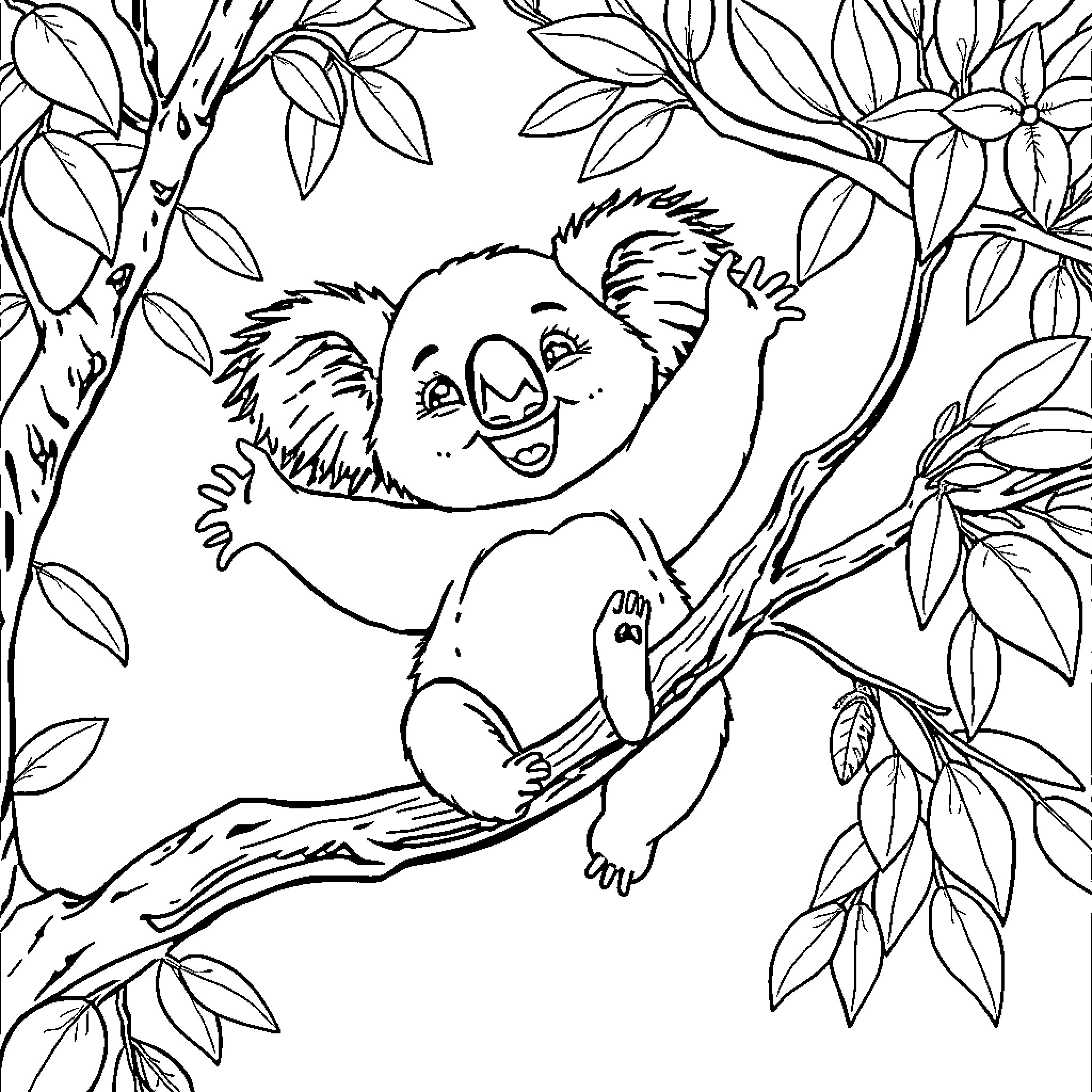 Koala climbing playfully on tree branches Coloring Page (free black-and-white line drawing printable PDF for all, from beginners to advanced learners, including children, teens, adults, and seniors)