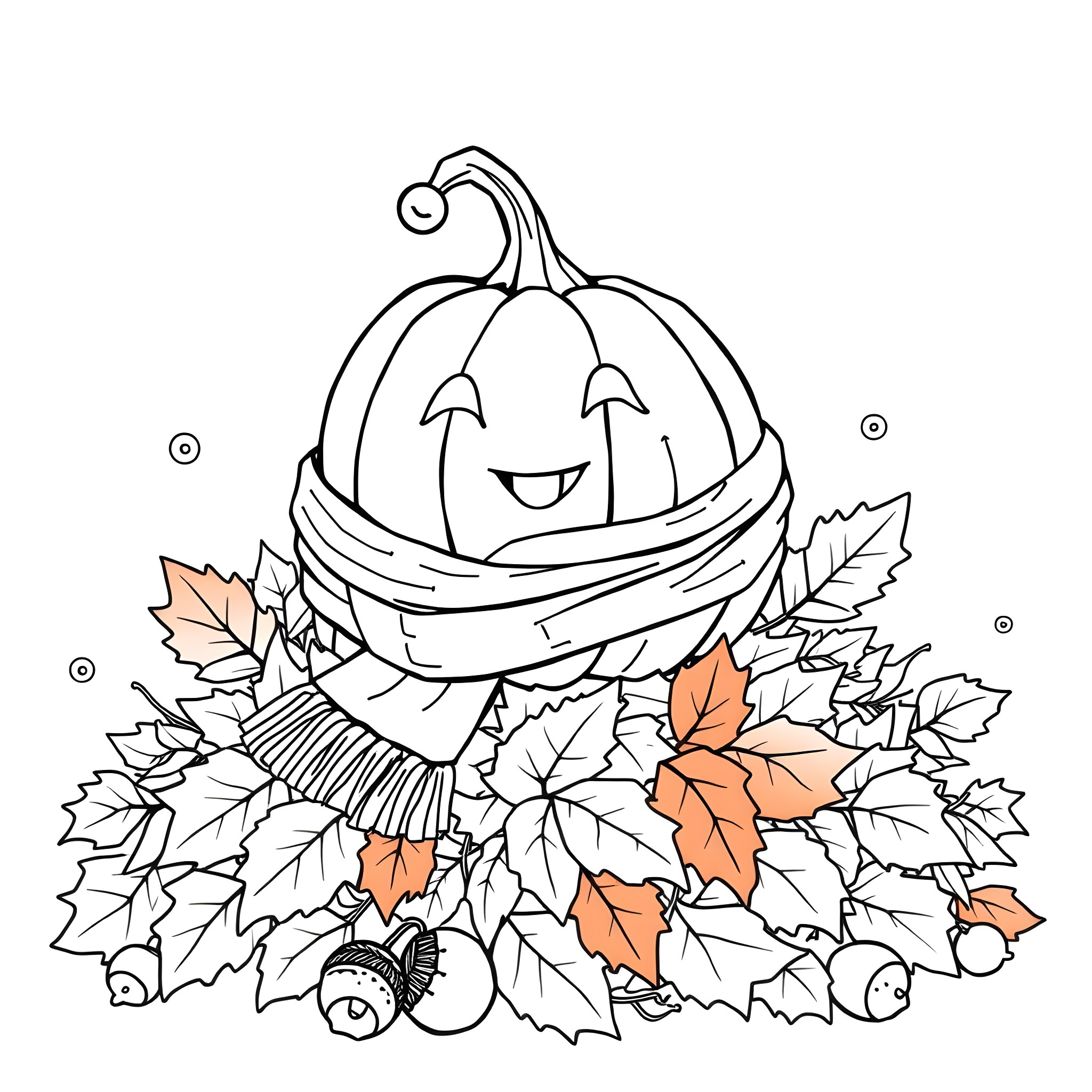 Pumpkin in cozy Fall foliage scene Coloring Page (free black-and-white line drawing printable PDF for all, from beginners to advanced learners, including children, teens, adults, and seniors)