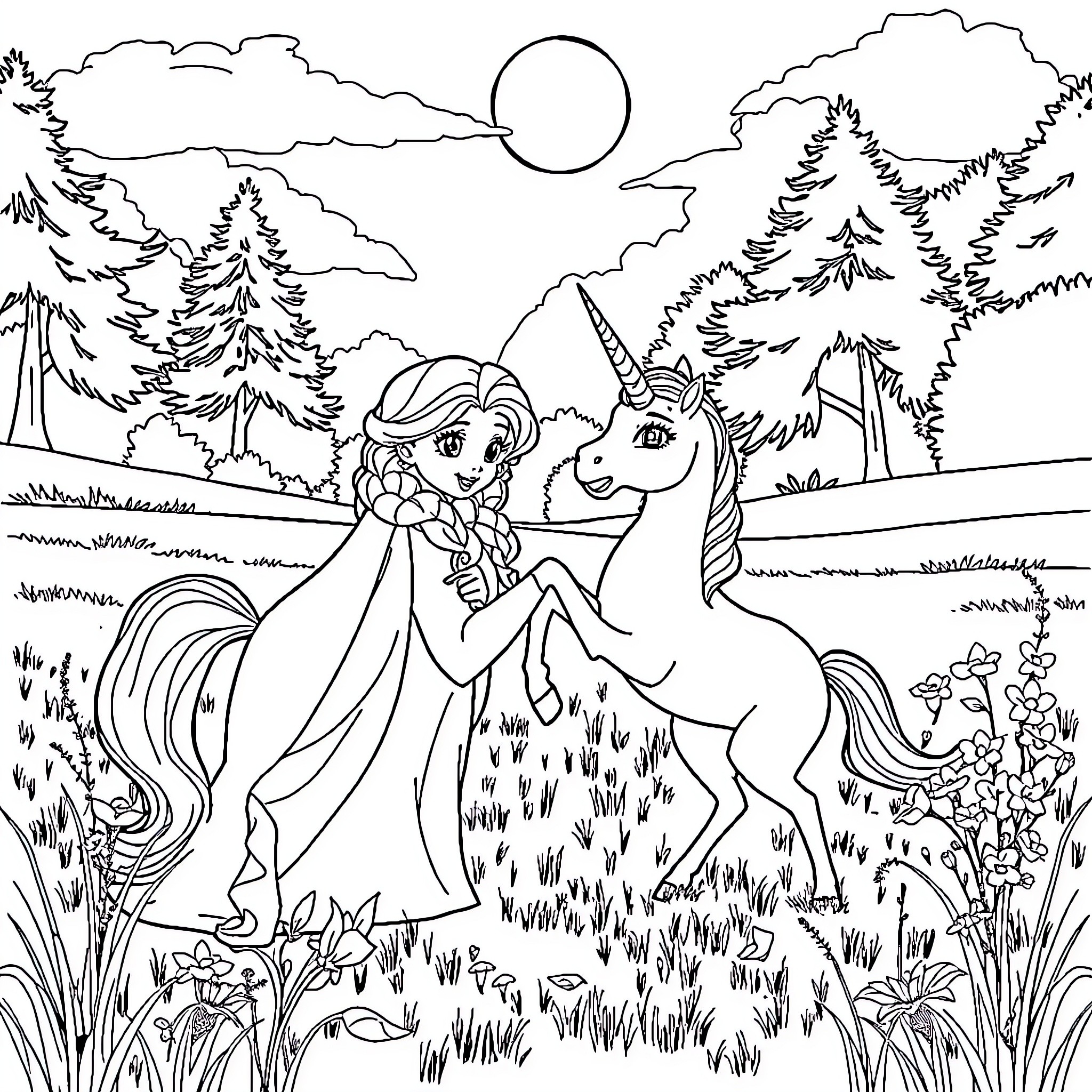 Elsa Riding a Unicorn Through a Magical Forest Coloring Page (free black-and-white line drawing printable PDF for all, from beginners to advanced learners, including children, teens, adults, and seniors)