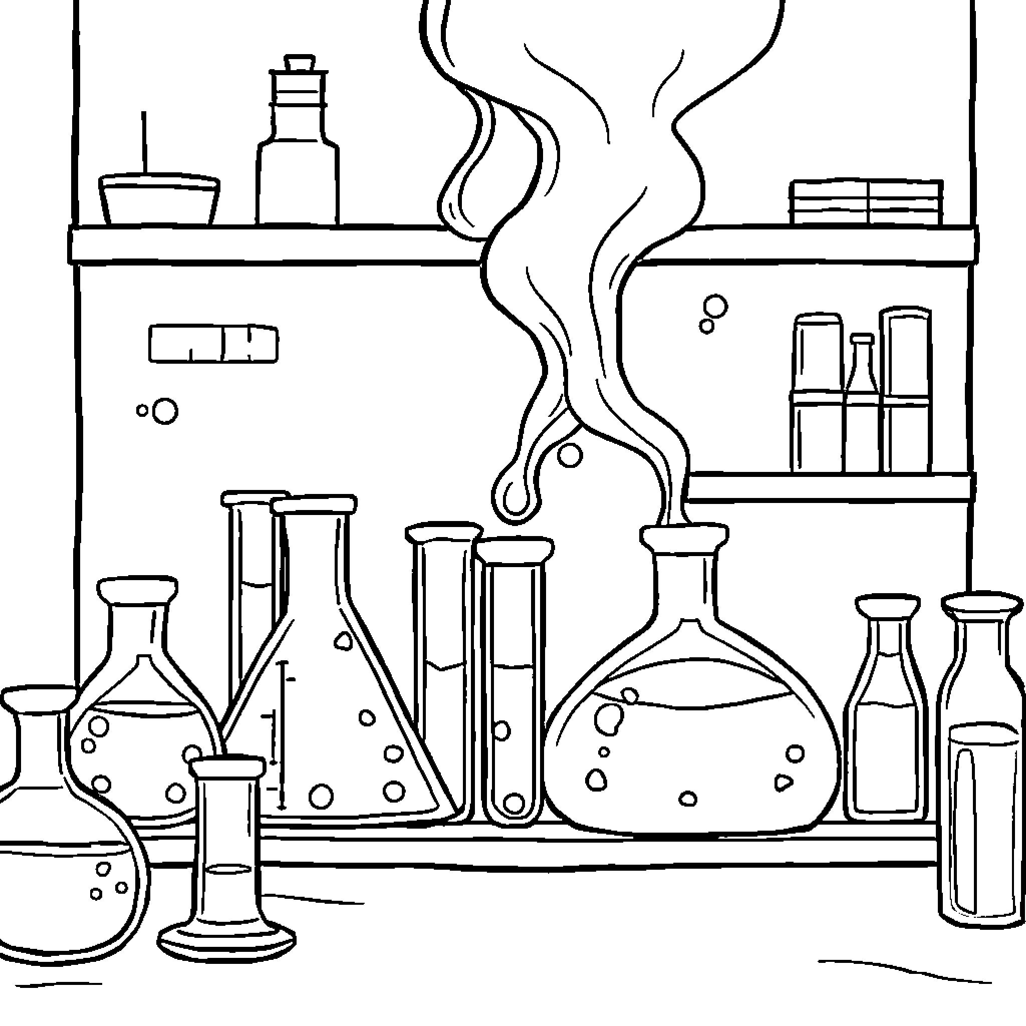 Chemistry Experiments in the Lab Coloring Page (free black-and-white line drawing printable PDF for all, from beginners to advanced learners, including children, teens, adults, and seniors)