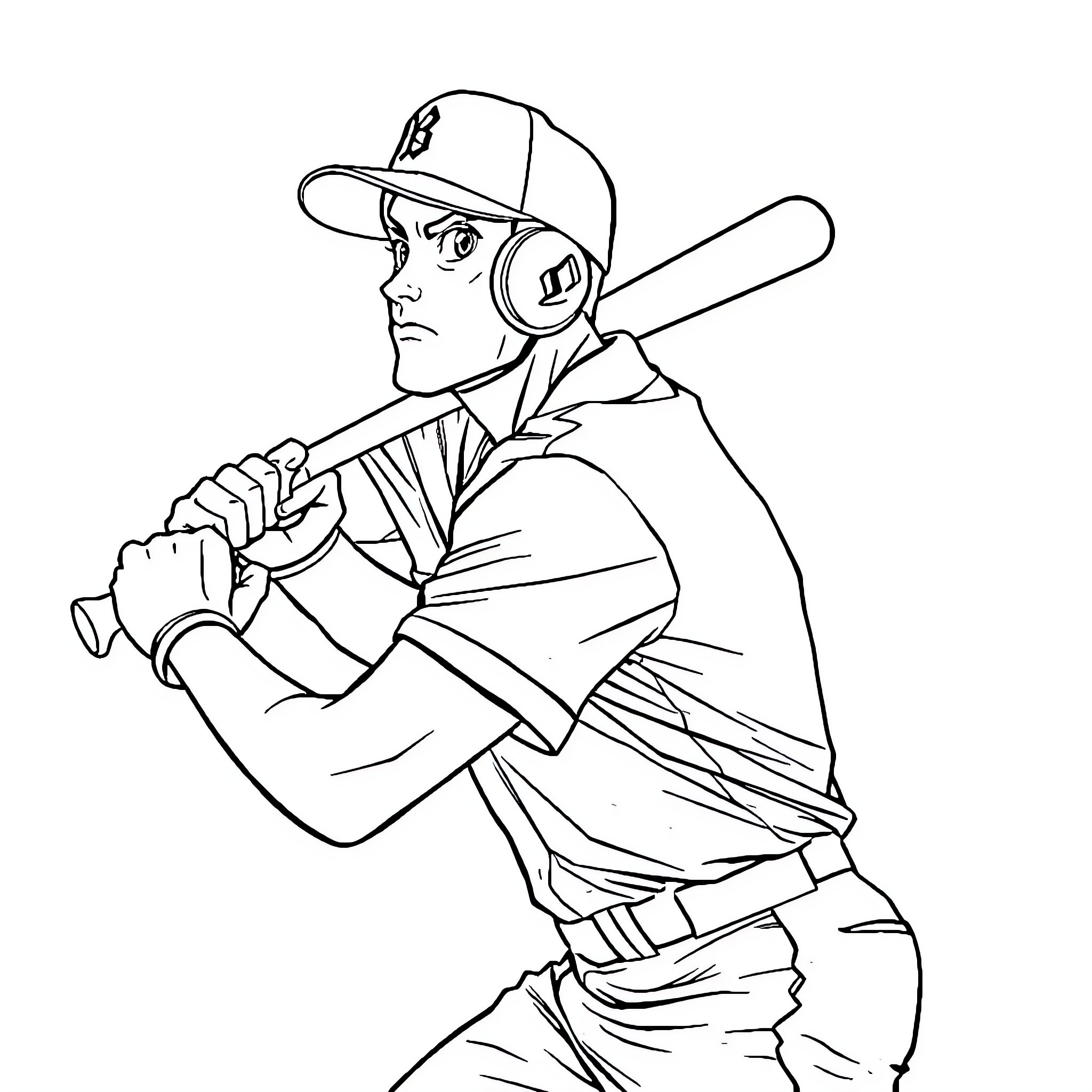 Baseball Player Batting with Determination Coloring Page (free black-and-white line drawing printable PDF for all, from beginners to advanced learners, including children, teens, adults, and seniors)