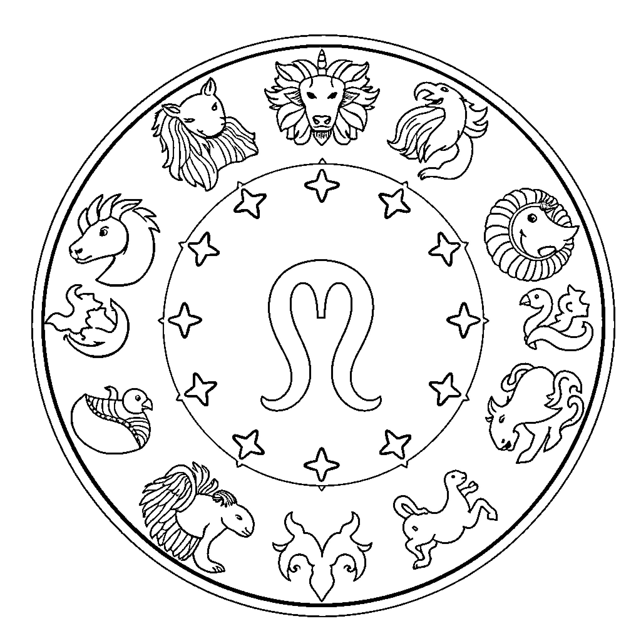 Astrology Sign with Diverse Zodiac Symbols Coloring Page (free black-and-white line drawing printable PDF for all, from beginners to advanced learners, including children, teens, adults, and seniors)