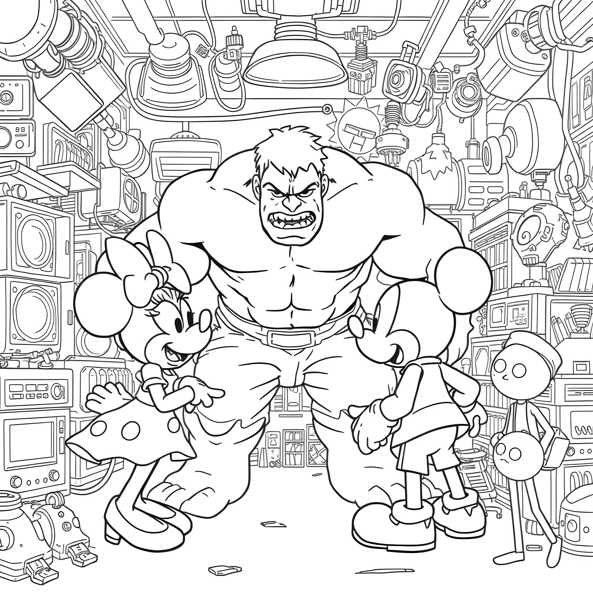 Mickey Mouse and the Hulk in a Chaotic Workshop Coloring Page (free black-and-white line drawing printable PDF for all, from beginners to advanced learners, including children, teens, adults, and seniors)