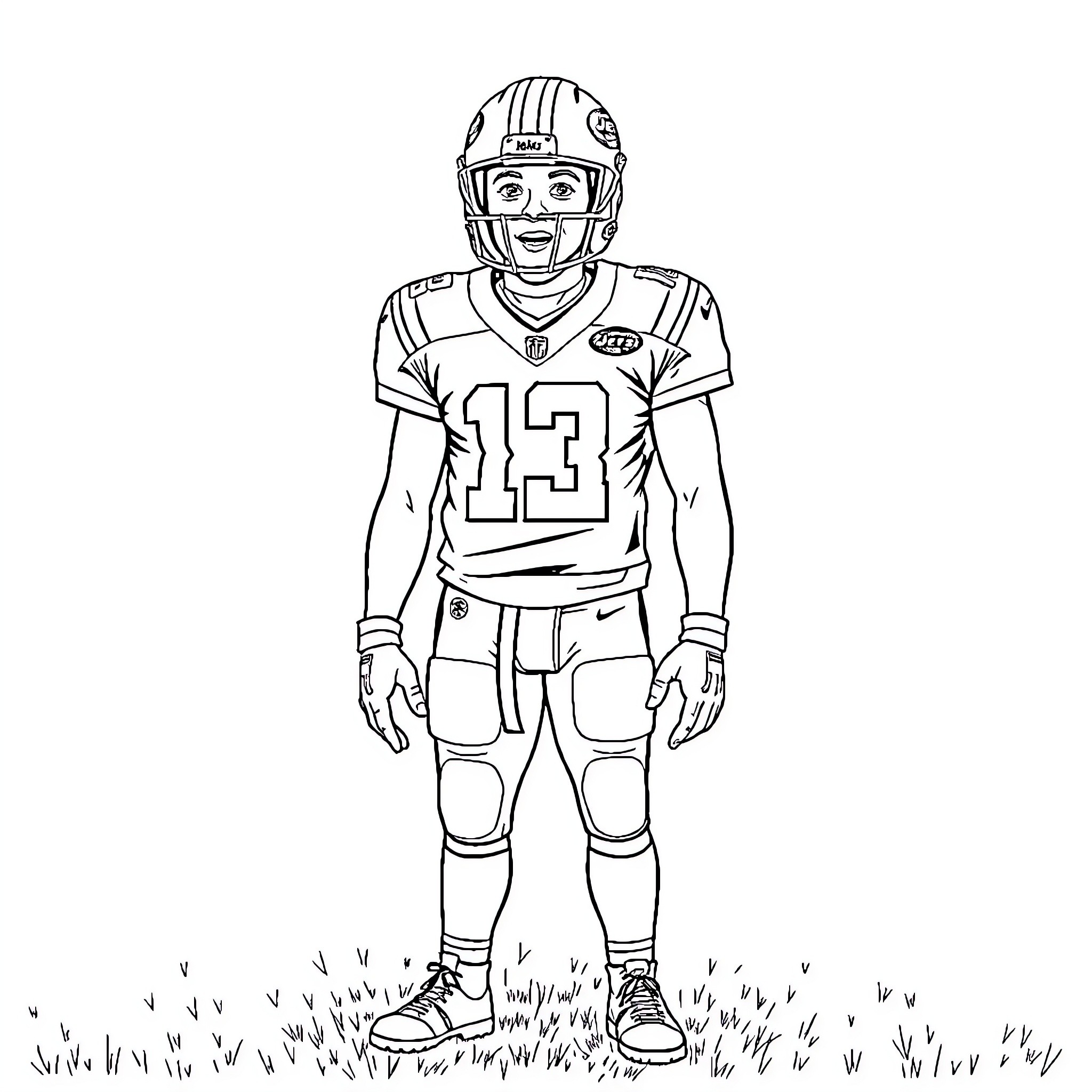 Justin Fields playing football in uniform Coloring Page (free black-and-white line drawing printable PDF for all, from beginners to advanced learners, including children, teens, adults, and seniors)