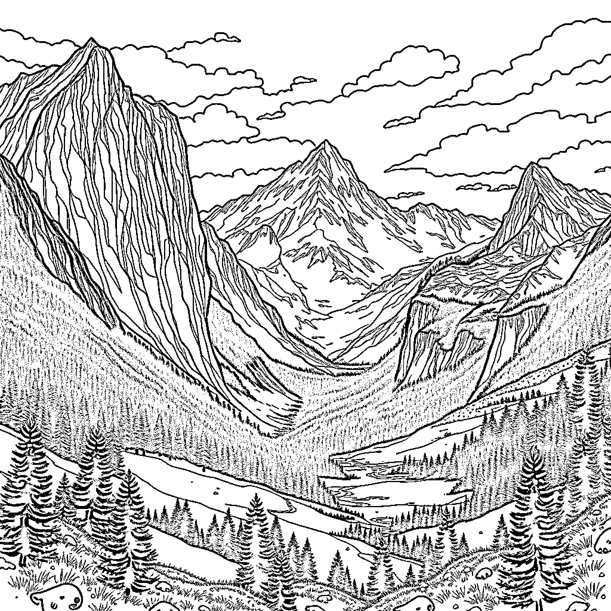 Mountain landscape with snowy peaks and pine forests Coloring Page (free black-and-white line drawing printable PDF for all, from beginners to advanced learners, including children, teens, adults, and seniors)