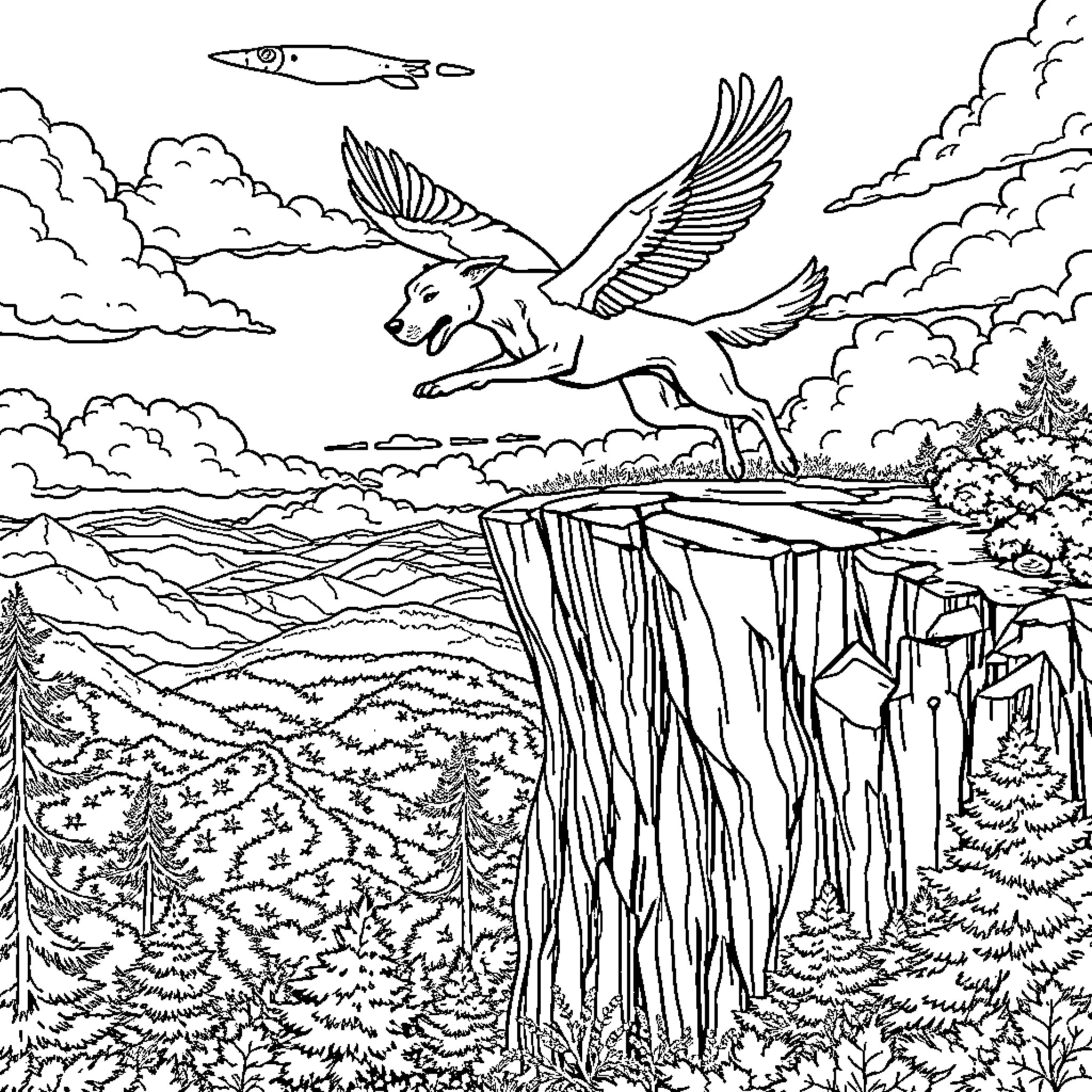 Flying Dog Soaring Over Rugged Landscape Coloring Page (free black-and-white line drawing printable PDF for all, from beginners to advanced learners, including children, teens, adults, and seniors)