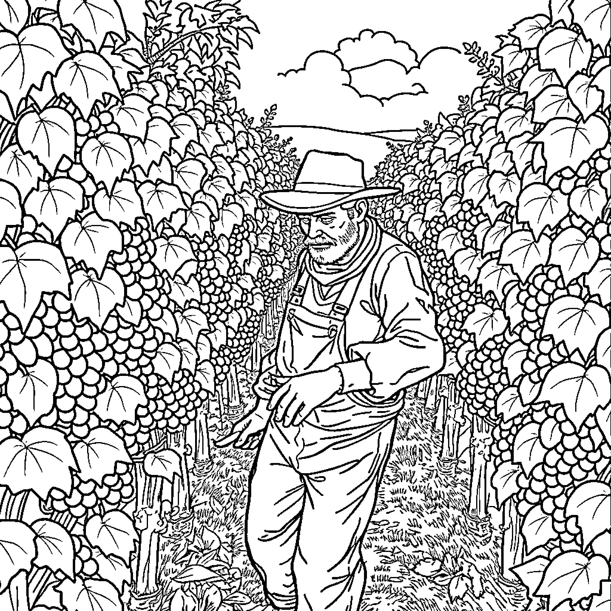 Vineyard worker tending to the grape vines Coloring Page (free black-and-white line drawing printable PDF for all, from beginners to advanced learners, including children, teens, adults, and seniors)