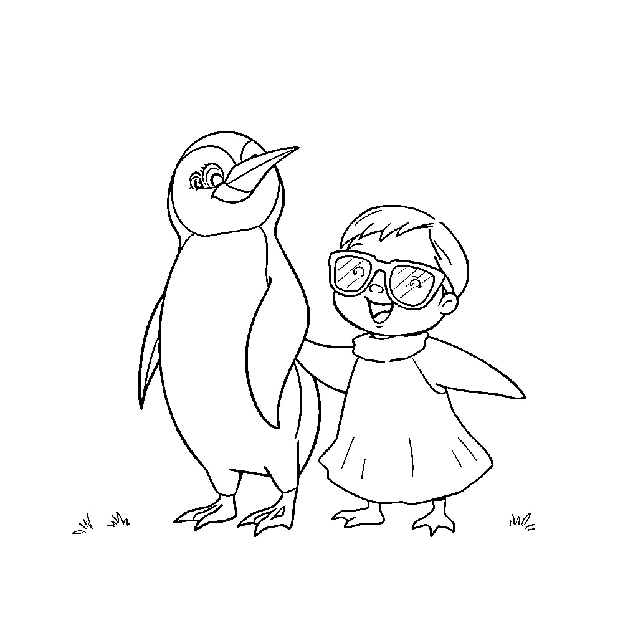 Penguin and child in casual outfits Coloring Page (free black-and-white line drawing printable PDF for all, from beginners to advanced learners, including children, teens, adults, and seniors)