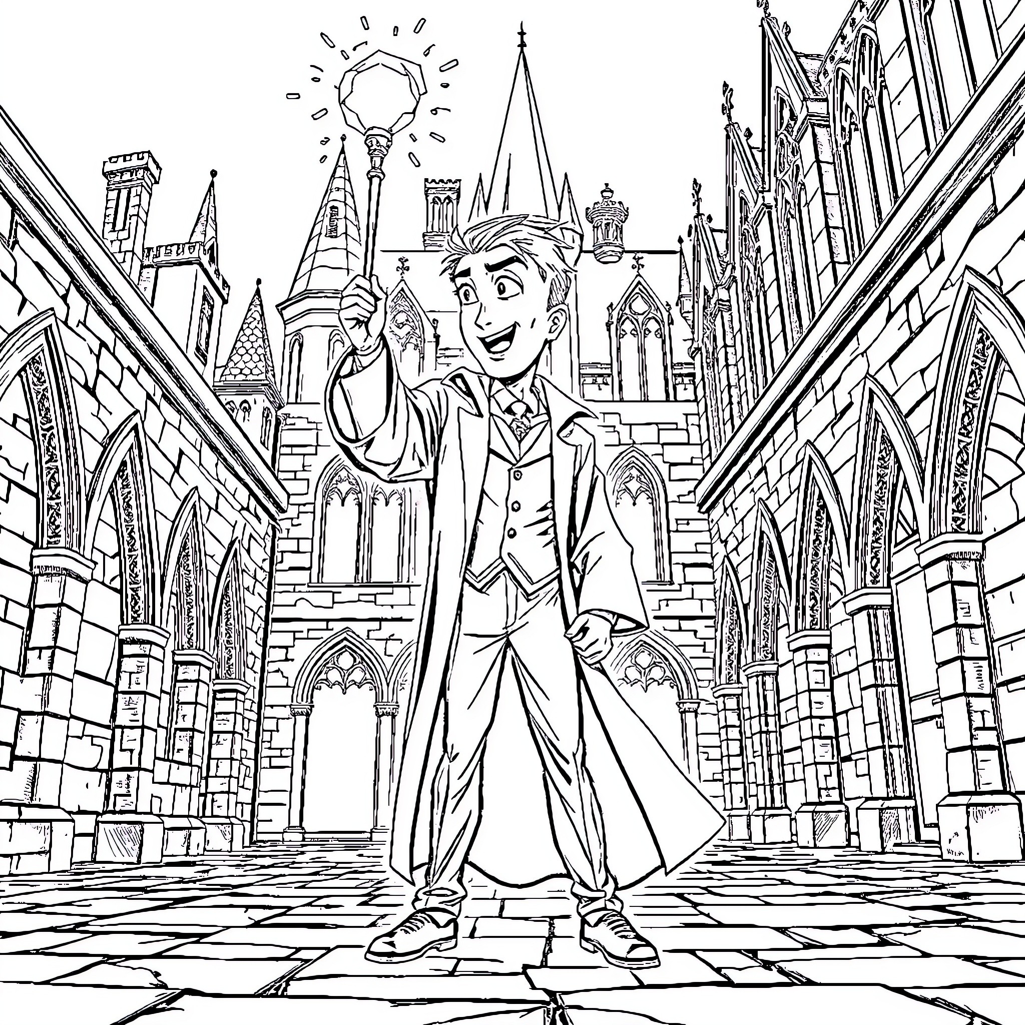 Draco Malfoy's Joyful Antics in a Magical Wizarding World Coloring Page (free black-and-white line drawing printable PDF for all, from beginners to advanced learners, including children, teens, adults, and seniors)