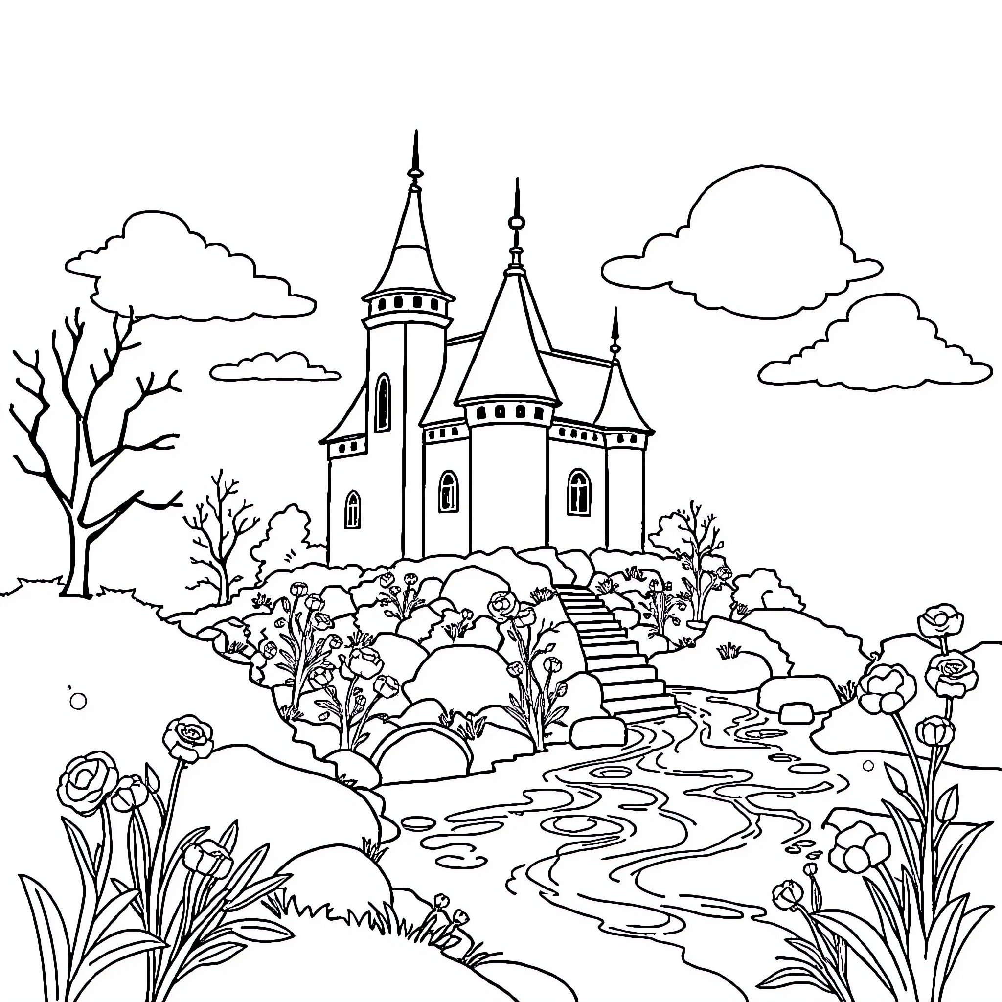 Castle amid Enchanting Landscape with Flowers and Nature Coloring Page (free black-and-white line drawing printable PDF for all, from beginners to advanced learners, including children, teens, adults, and seniors)