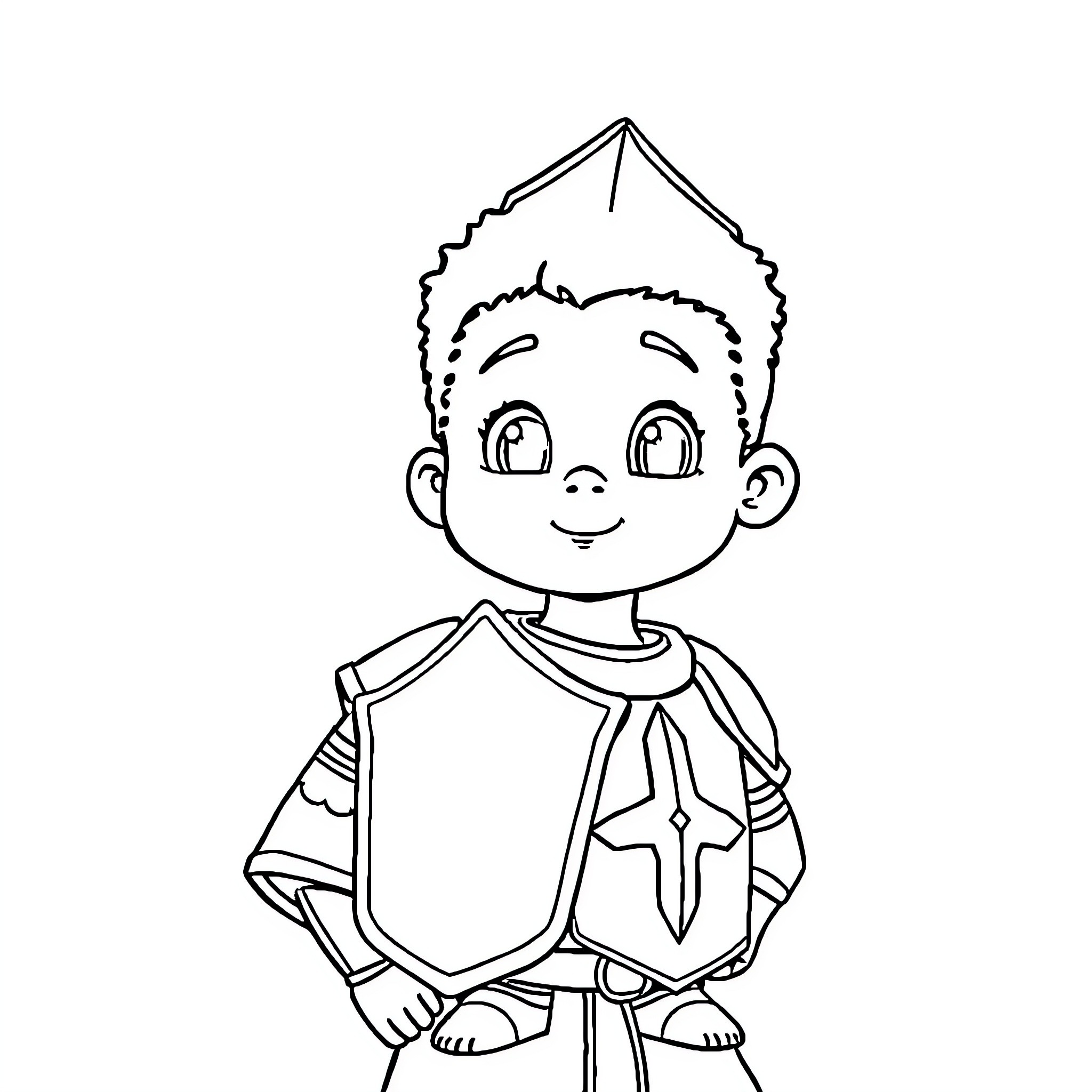 Armour of God: Cartoon character in heroic pose Coloring Page (free black-and-white line drawing printable PDF for all, from beginners to advanced learners, including children, teens, adults, and seniors)