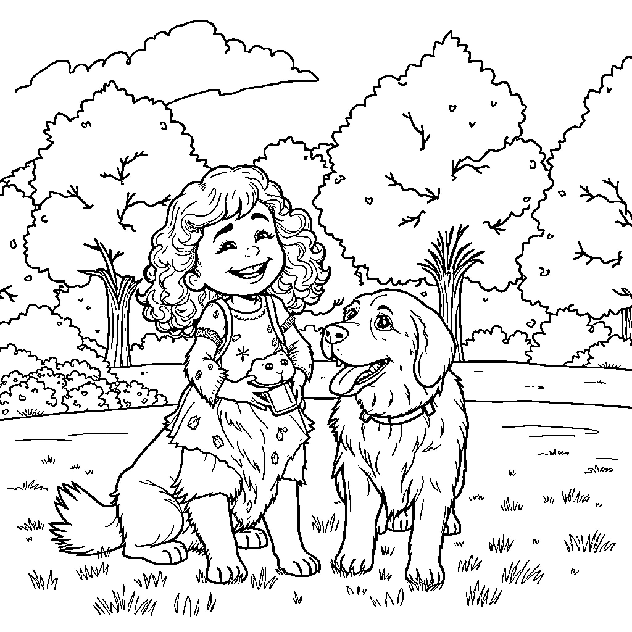 Child and Puppy Exploring the Outdoors Coloring Page (free black-and-white line drawing printable PDF for all, from beginners to advanced learners, including children, teens, adults, and seniors)