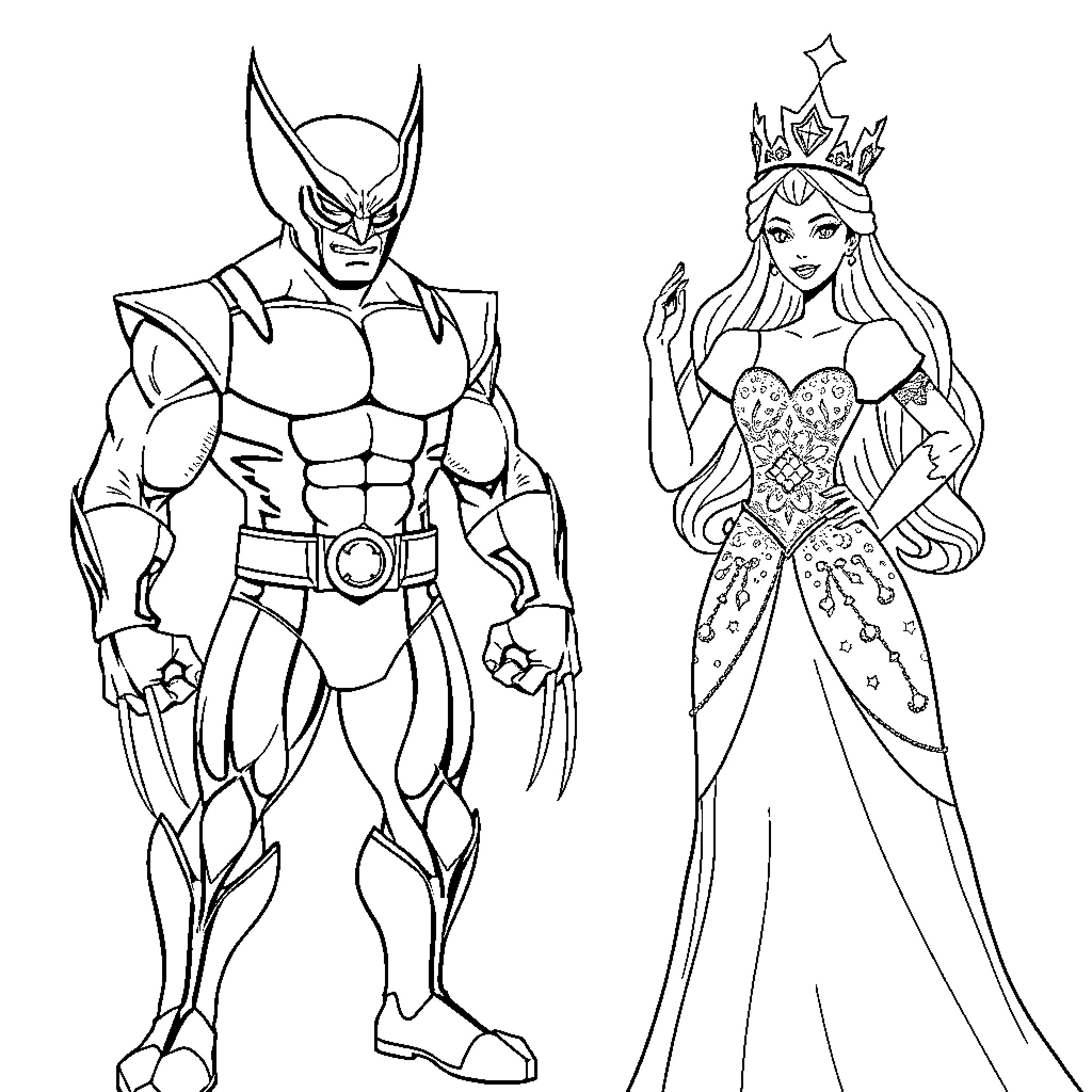 Wolverine and Enchantress in Heroic Poses Coloring Page (free black-and-white line drawing printable PDF for all, from beginners to advanced learners, including children, teens, adults, and seniors)