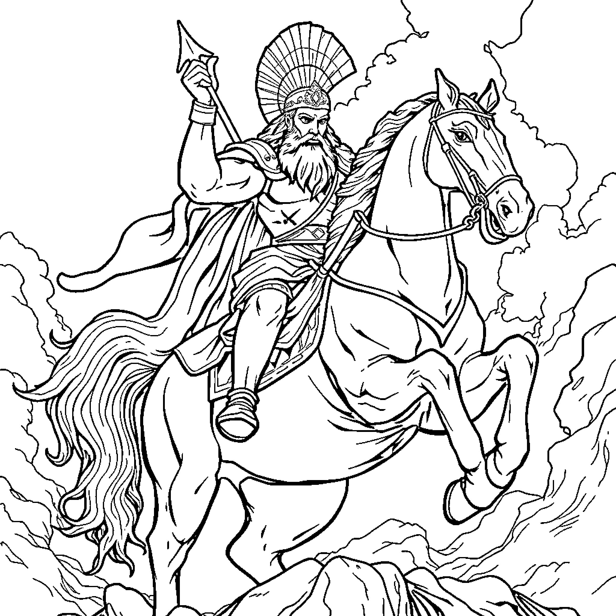 God of War Leading a Powerful Charge on Horseback Coloring Page (free black-and-white line drawing printable PDF for all, from beginners to advanced learners, including children, teens, adults, and seniors)