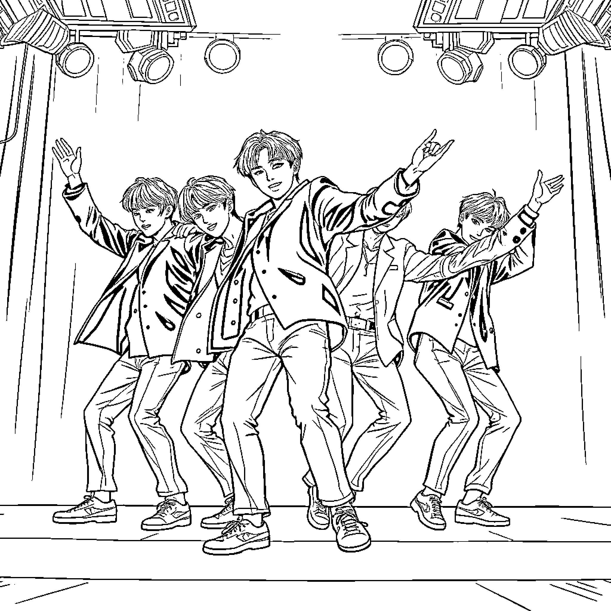 Enhypen Performing on Stage with Energy and Enthusiasm Coloring Page (free black-and-white line drawing printable PDF for all, from beginners to advanced learners, including children, teens, adults, and seniors)