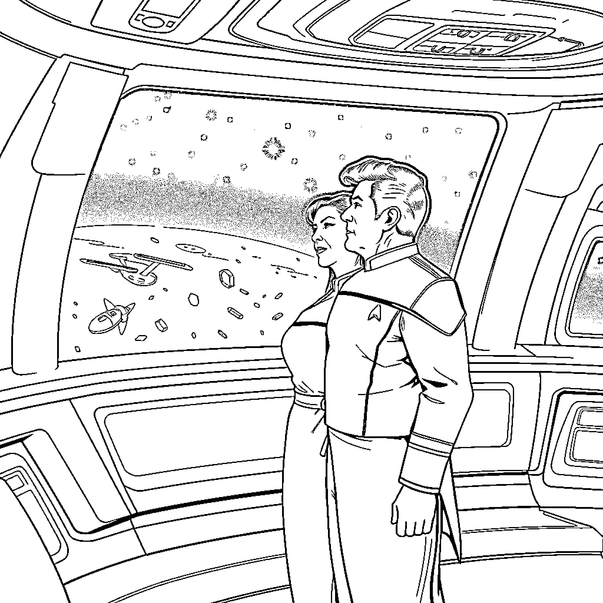 Kathryn Janeway and companion admiring the view from a spacecraft window Coloring Page (free black-and-white line drawing printable PDF for all, from beginners to advanced learners, including children, teens, adults, and seniors)