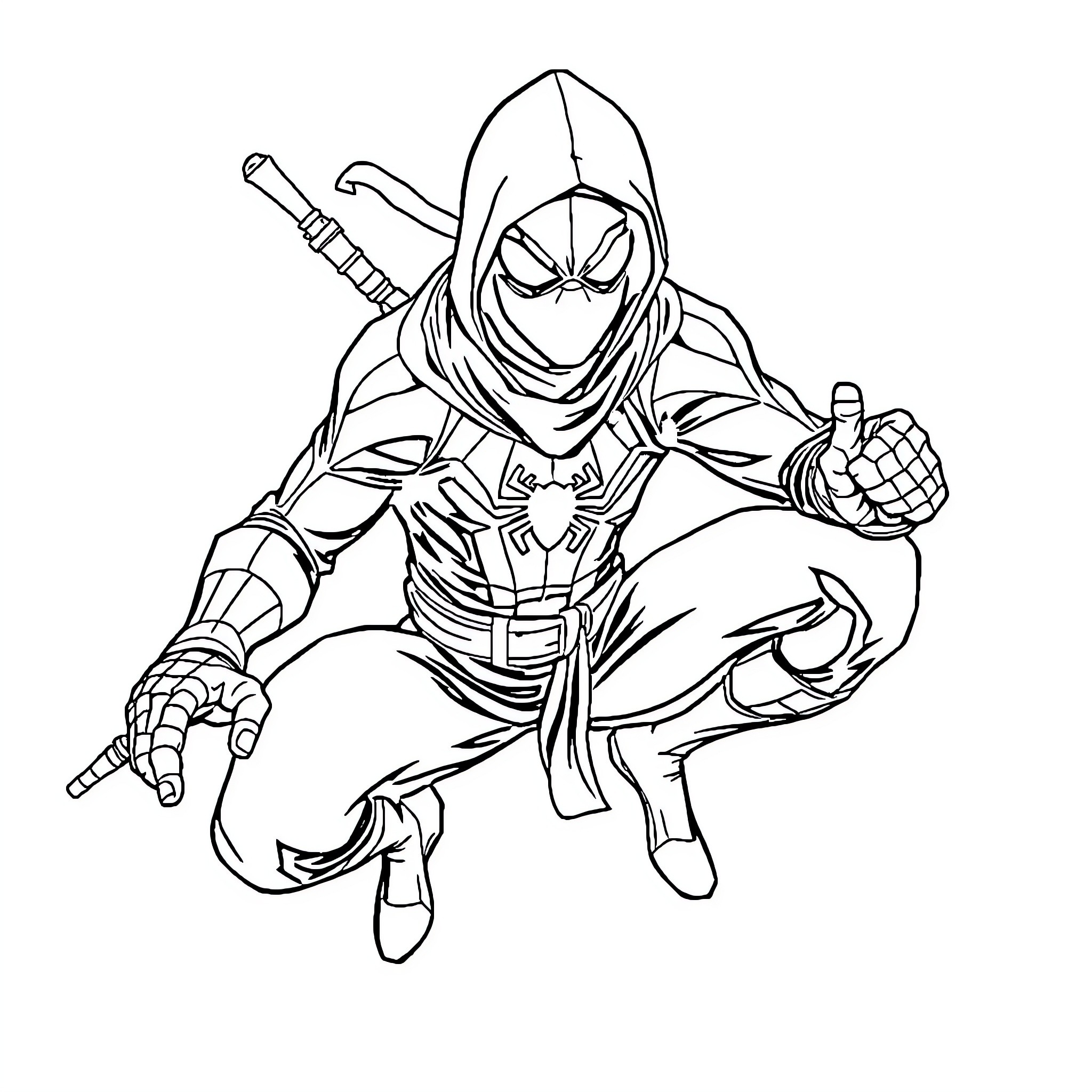 Spiderman in combat-ready stance with weapons Coloring Page (free black-and-white line drawing printable PDF for all, from beginners to advanced learners, including children, teens, adults, and seniors)