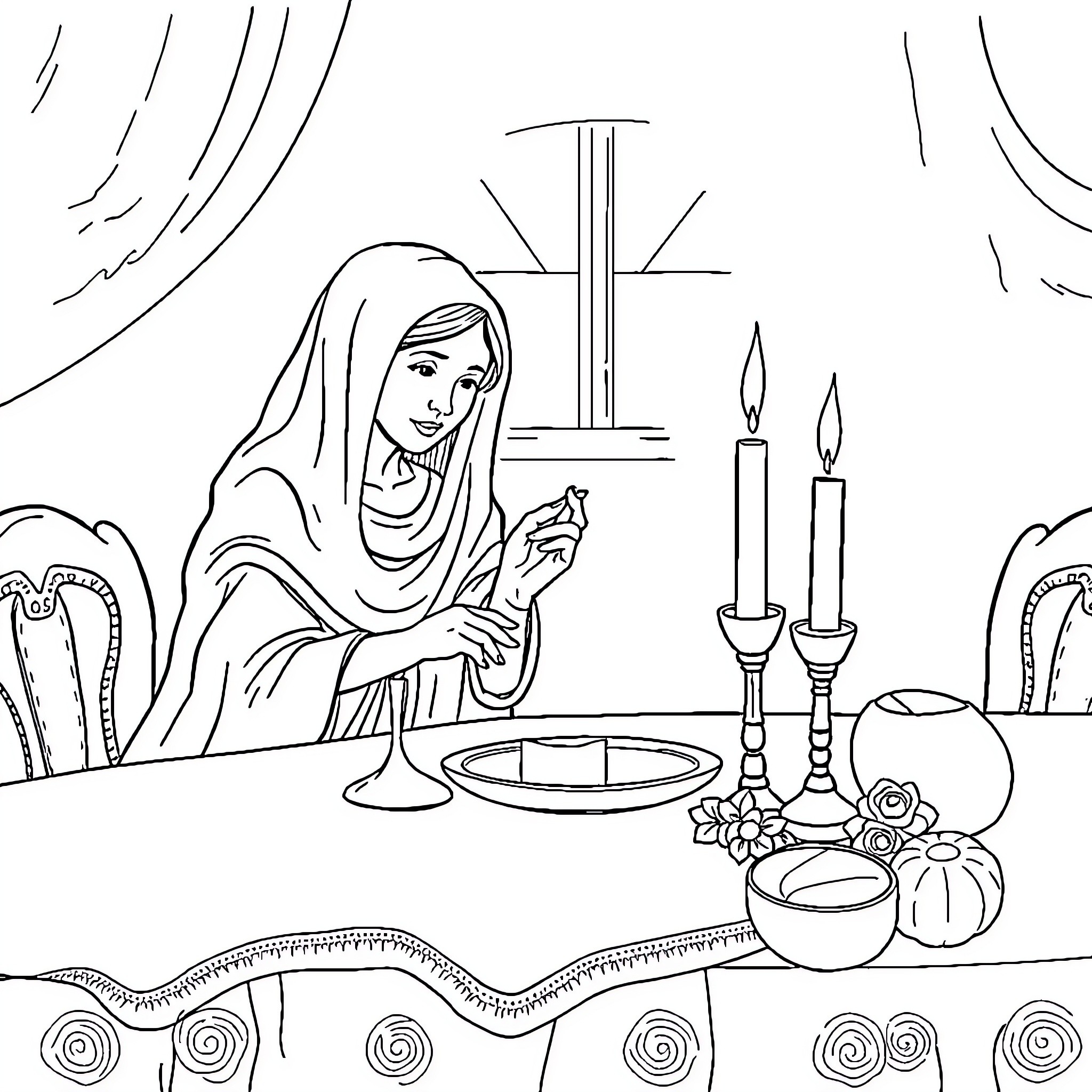 Nestya's Spiritual Reflection at Home Coloring Page (free black-and-white line drawing printable PDF for all, from beginners to advanced learners, including children, teens, adults, and seniors)