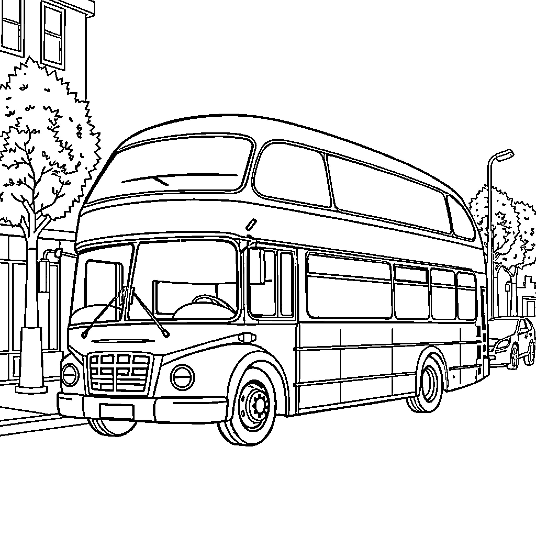Bus traveling on a city street Coloring Page (free black-and-white line drawing printable PDF for all, from beginners to advanced learners, including children, teens, adults, and seniors)
