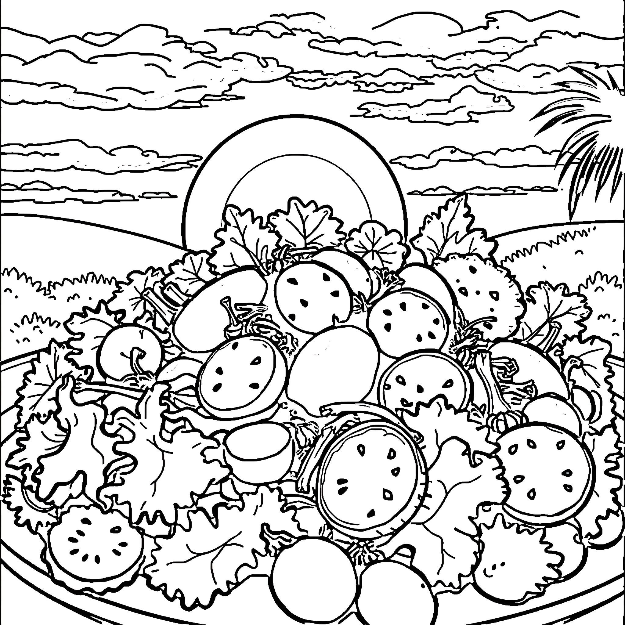 Monster Fruits and Vegetables in Whimsical Landscape Coloring Page (free black-and-white line drawing printable PDF for all, from beginners to advanced learners, including children, teens, adults, and seniors)