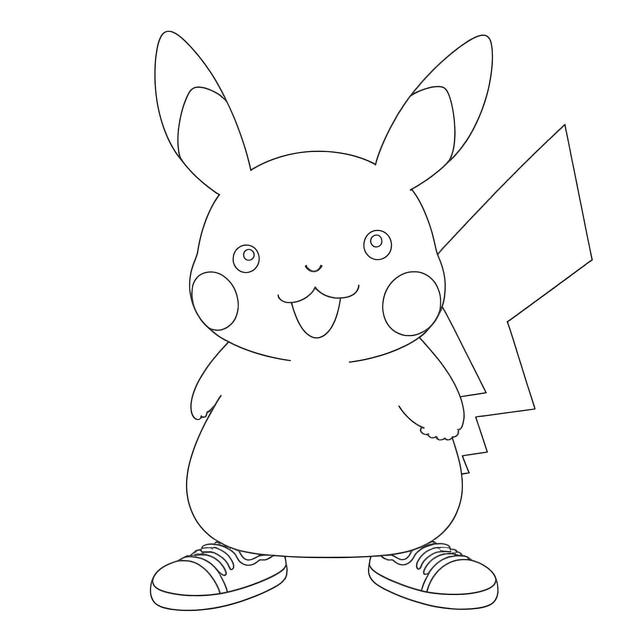 Pikachu happily standing with a big smile Coloring Page (free black-and-white line drawing printable PDF for all, from beginners to advanced learners, including children, teens, adults, and seniors)