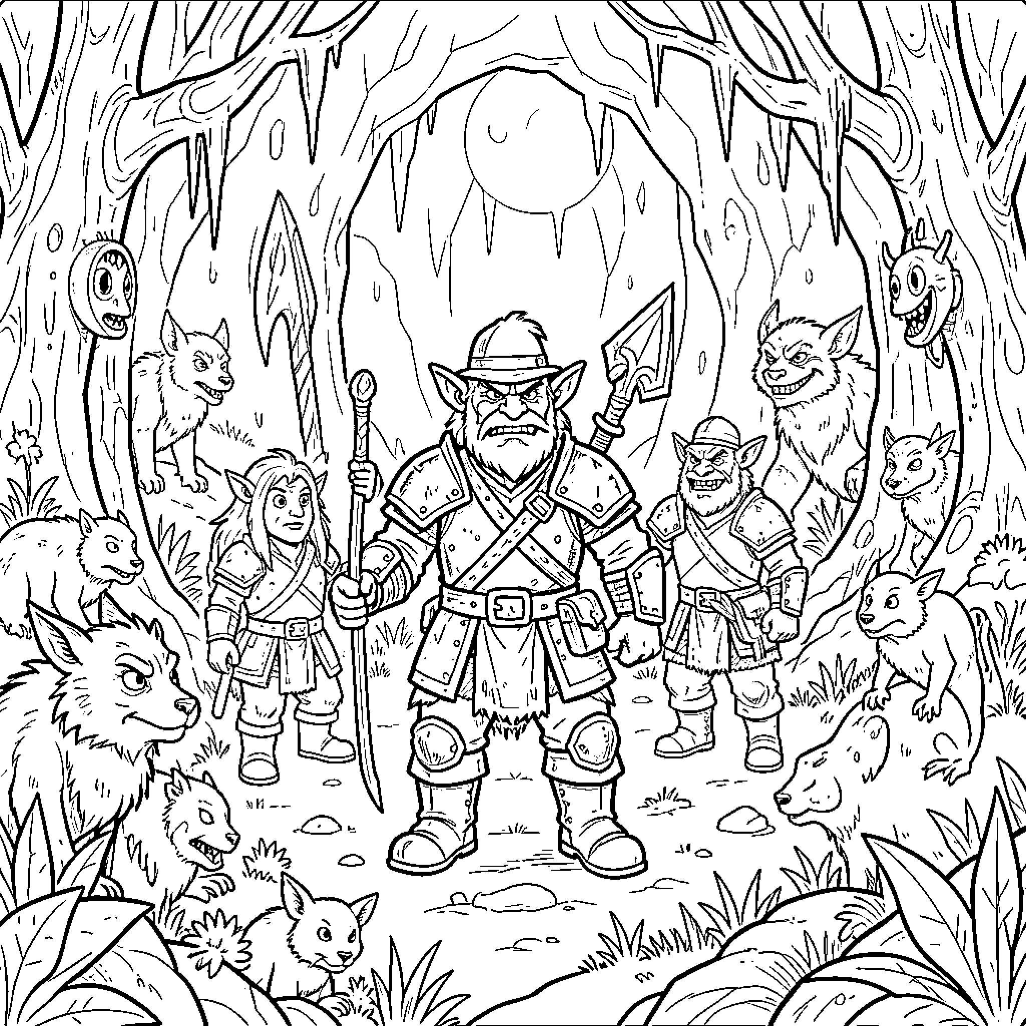 Jimmy and brave warriors standing among forest creatures Coloring Page (free black-and-white line drawing printable PDF for all, from beginners to advanced learners, including children, teens, adults, and seniors)