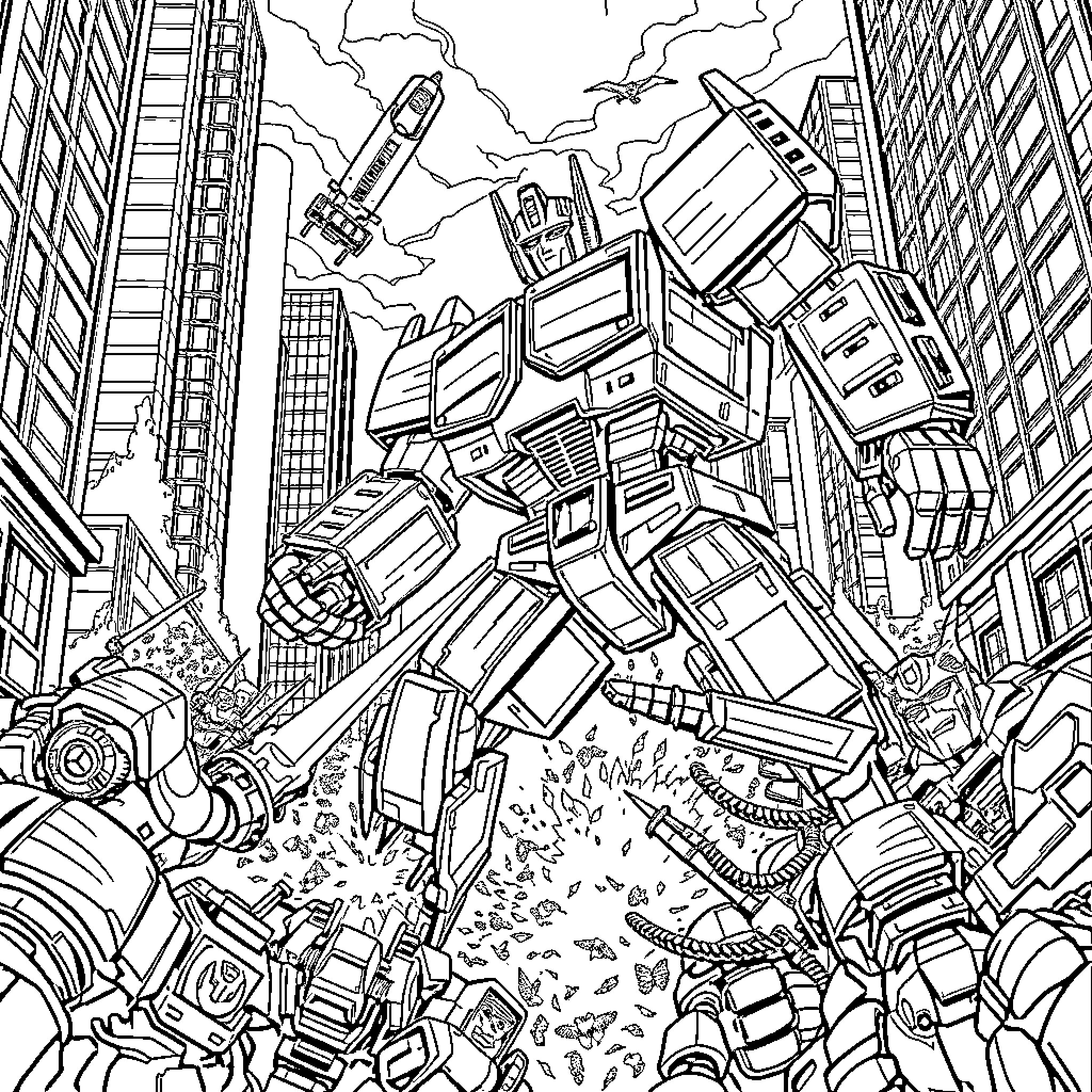Transformer robot battle in the city Coloring Page (free black-and-white line drawing printable PDF for all, from beginners to advanced learners, including children, teens, adults, and seniors)