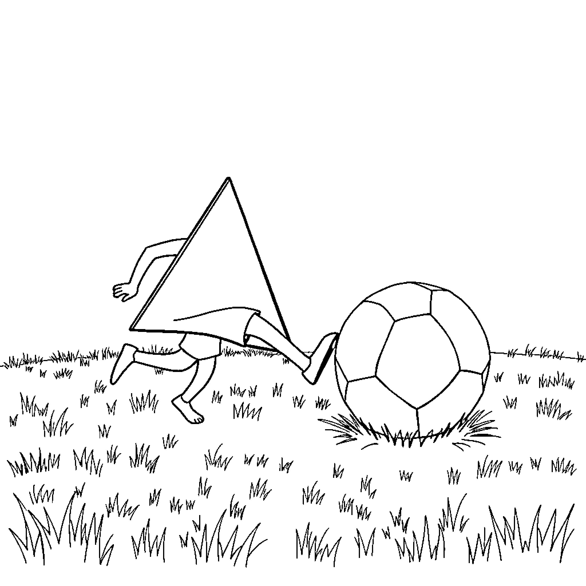 Triangle figure kicking soccer ball on grassy field Coloring Page (free black-and-white line drawing printable PDF for all, from beginners to advanced learners, including children, teens, adults, and seniors)