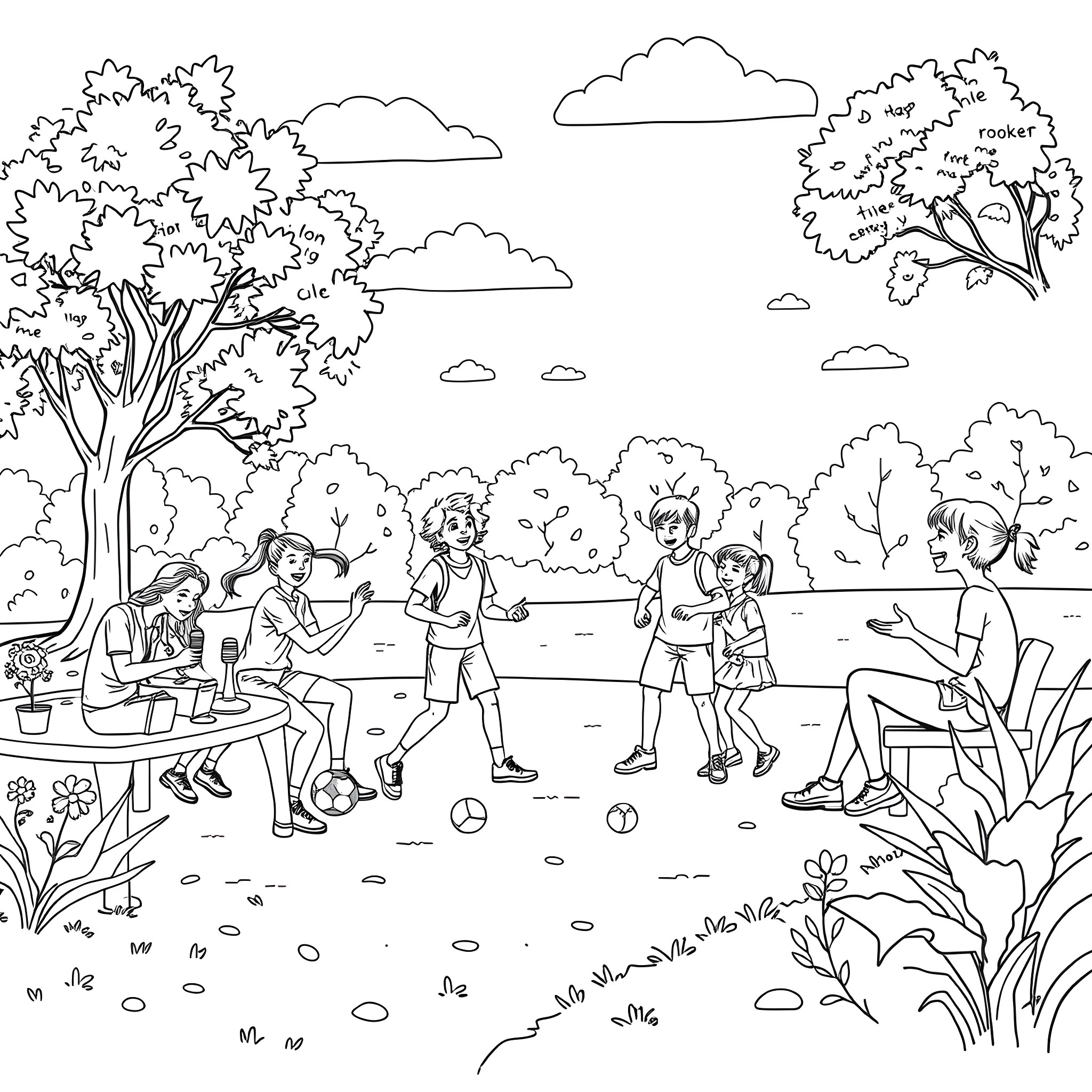 Friend enjoying outdoor activities in the park Coloring Page (free black-and-white line drawing printable PDF for all, from beginners to advanced learners, including children, teens, adults, and seniors)