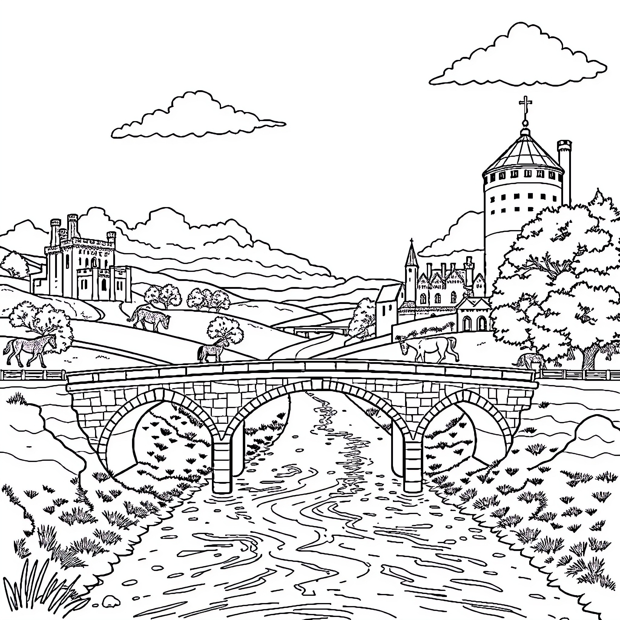 Landscape of a medieval town with a bridge over a river Coloring Page (free black-and-white line drawing printable PDF for all, from beginners to advanced learners, including children, teens, adults, and seniors)