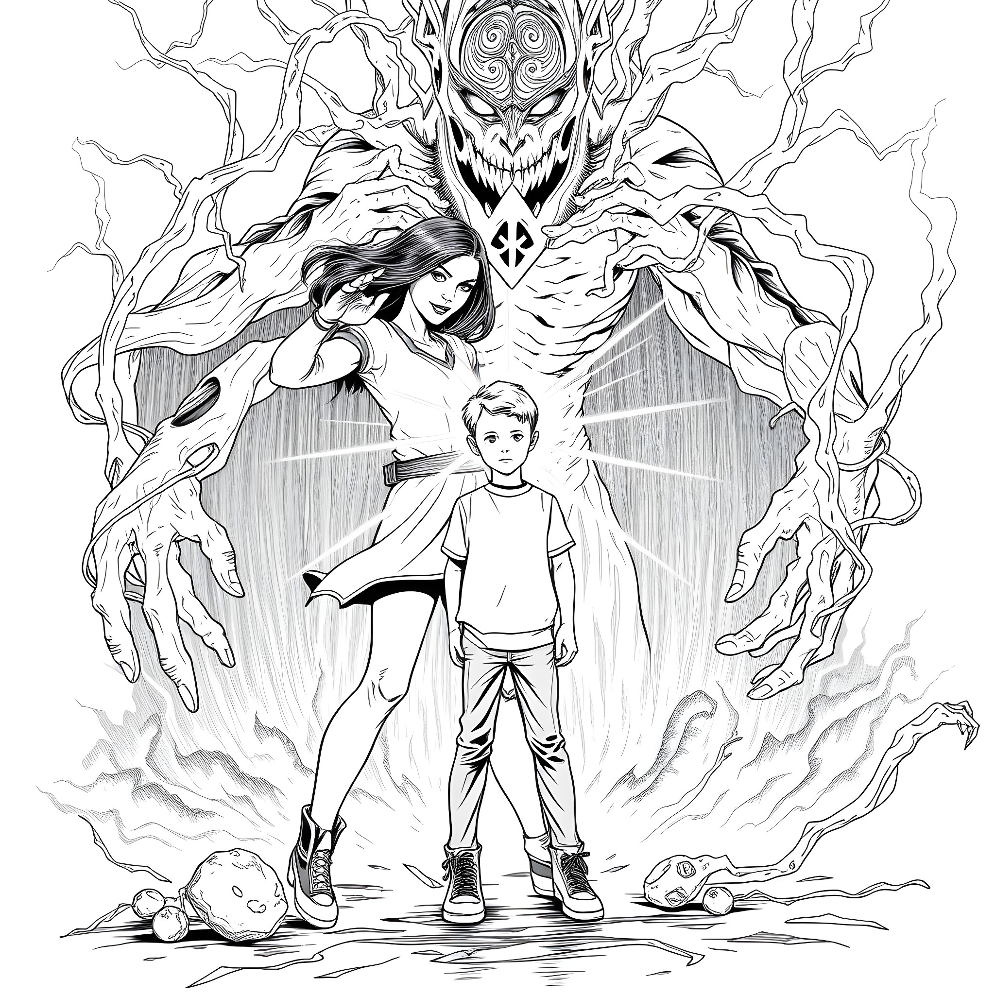 Eleven's Supernatural Encounter with the Fearsome Entity Coloring Page (free black-and-white line drawing printable PDF for all, from beginners to advanced learners, including children, teens, adults, and seniors)