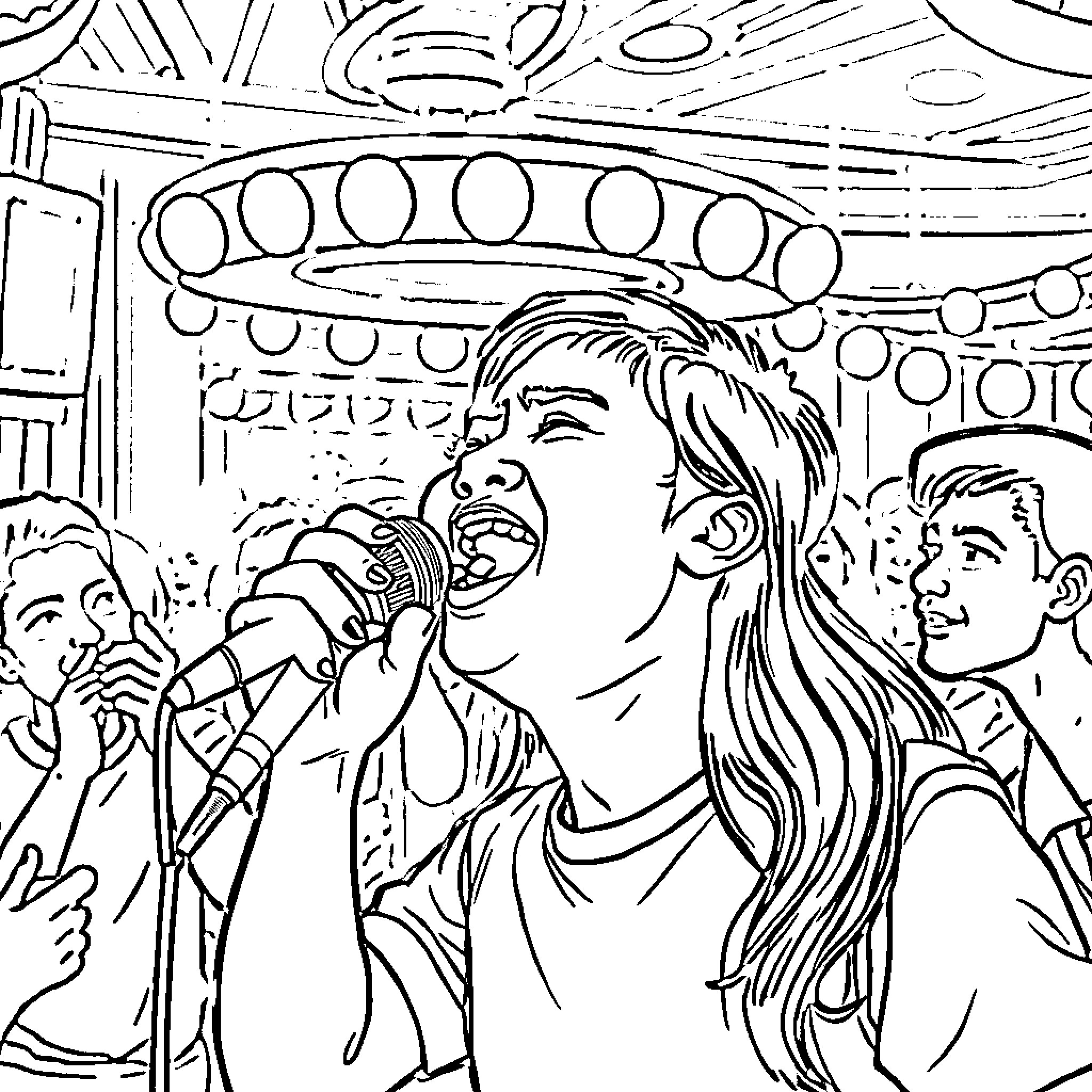 Filipino musicians performing on stage with excitement Coloring Page (free black-and-white line drawing printable PDF for all, from beginners to advanced learners, including children, teens, adults, and seniors)