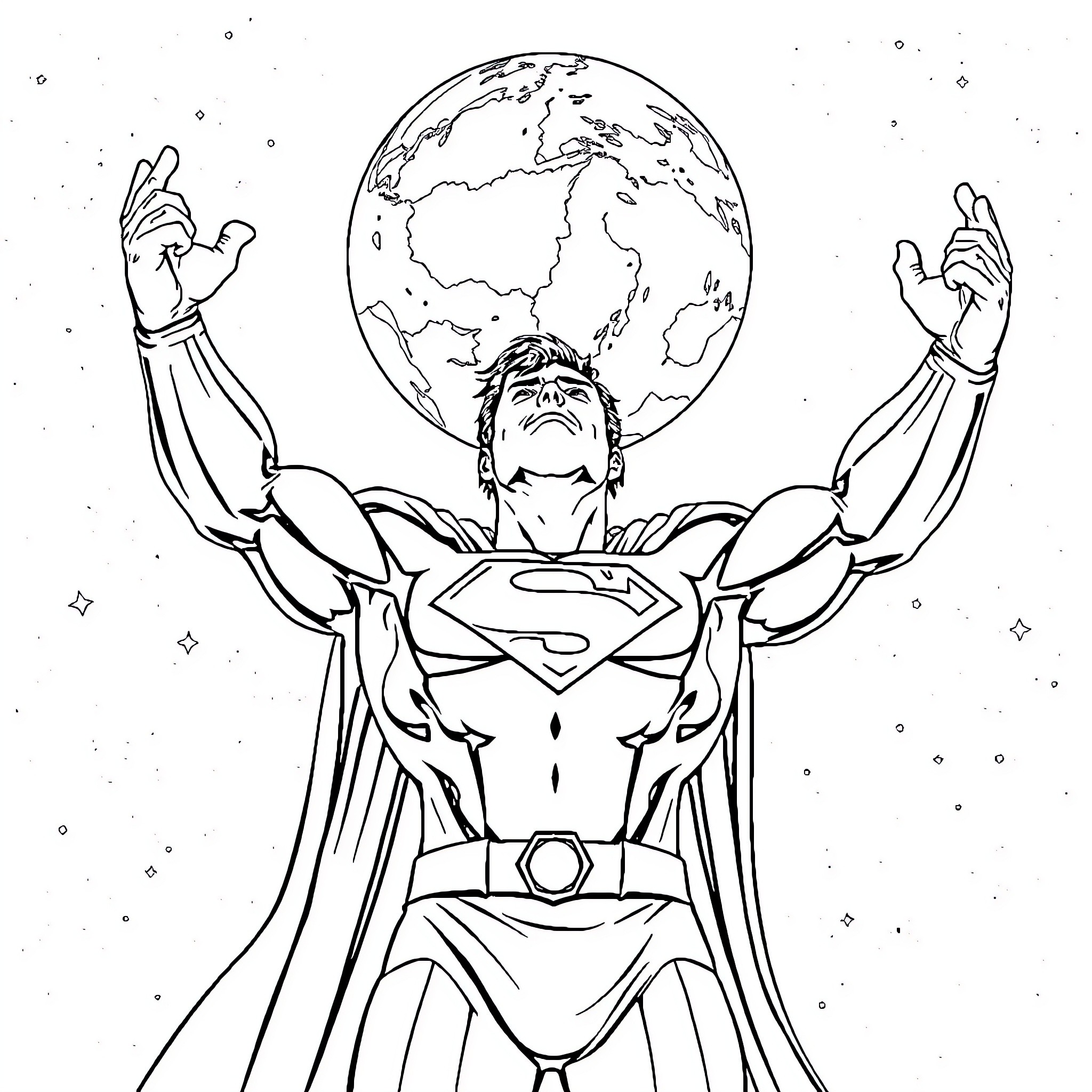 Superman heroically lifting the Earth Coloring Page (free black-and-white line drawing printable PDF for all, from beginners to advanced learners, including children, teens, adults, and seniors)