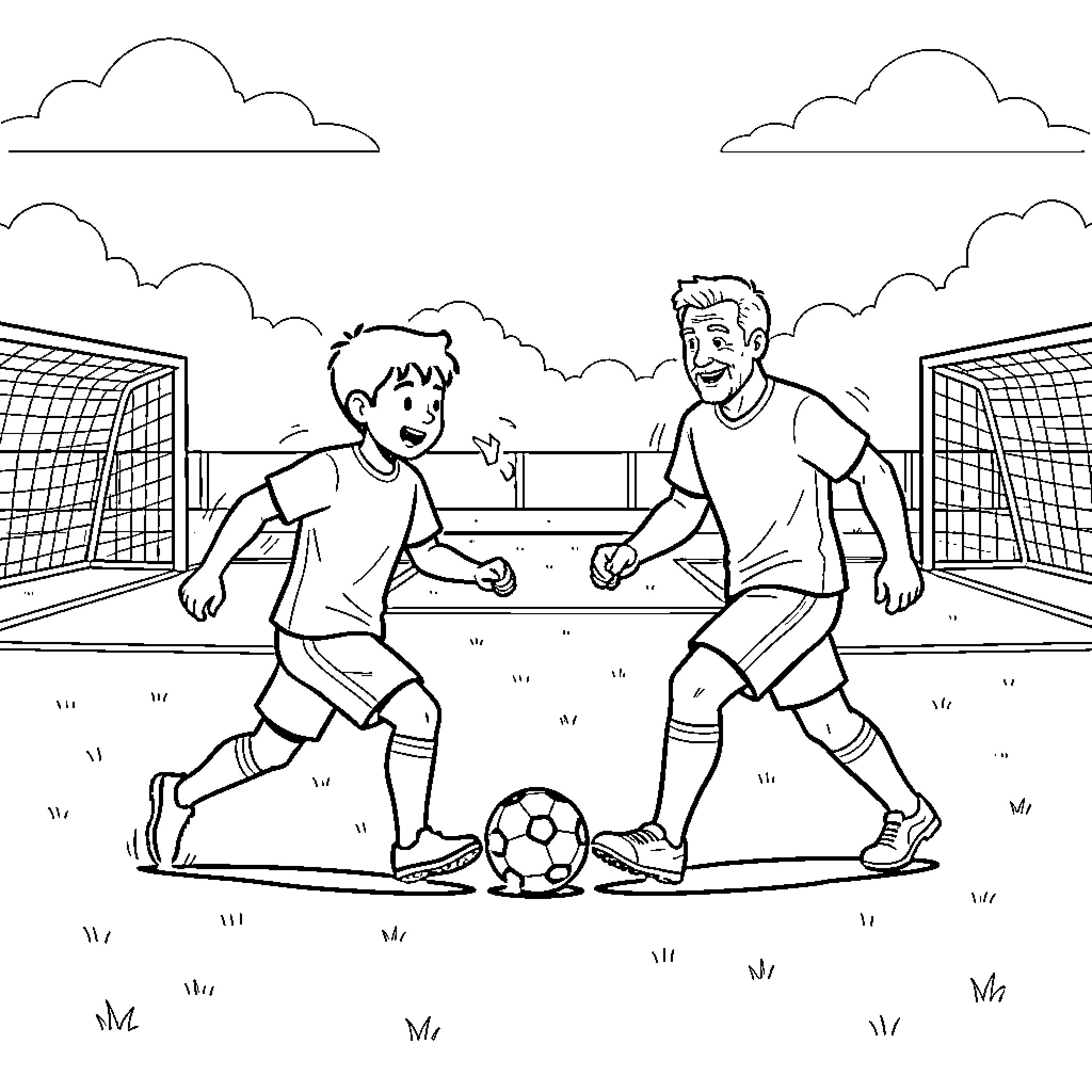 Waël playing soccer with an adult on a field Coloring Page (free black-and-white line drawing printable PDF for all, from beginners to advanced learners, including children, teens, adults, and seniors)