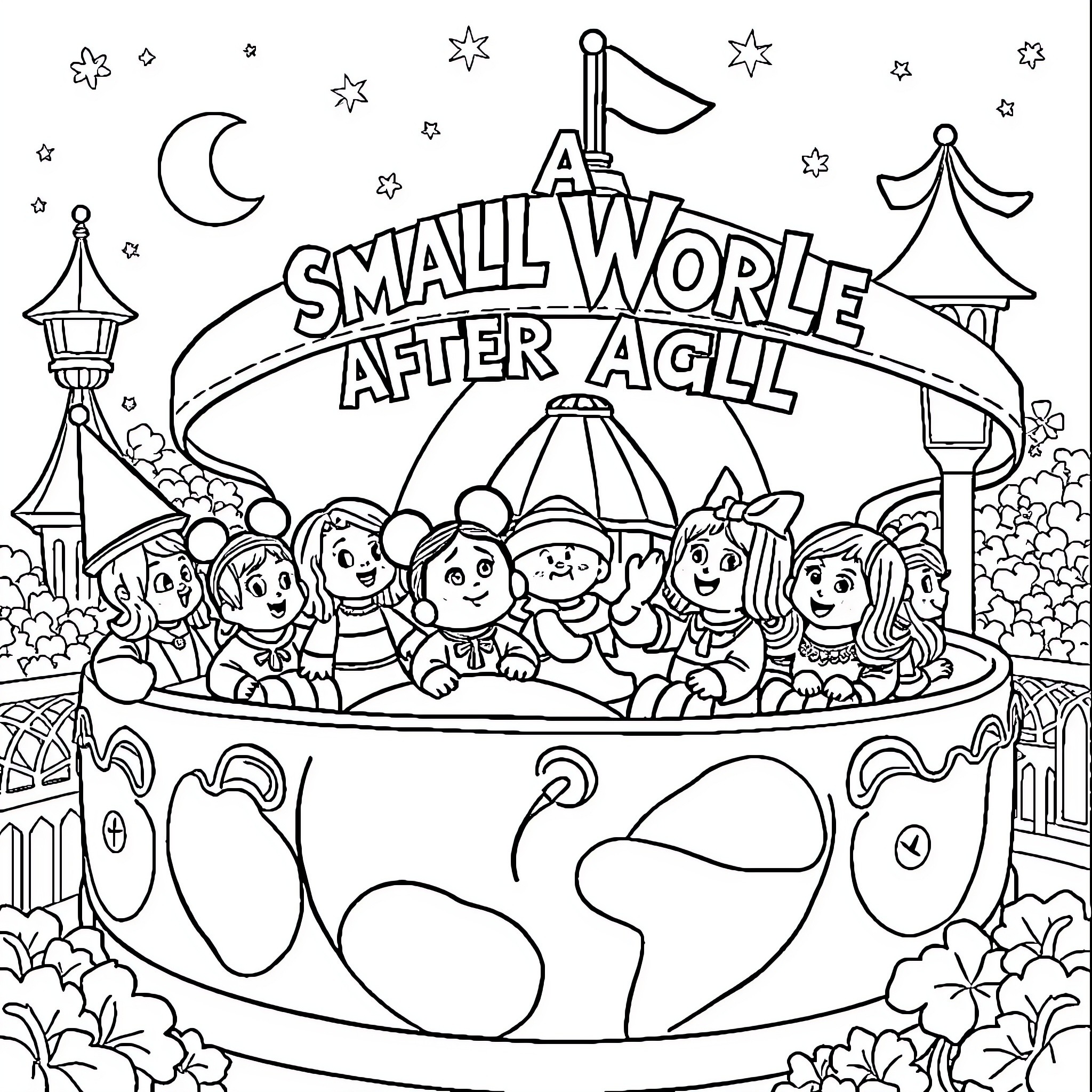 It's a Small World After All: Whimsical Characters in Magical Setting Coloring Page (free black-and-white line drawing printable PDF for all, from beginners to advanced learners, including children, teens, adults, and seniors)