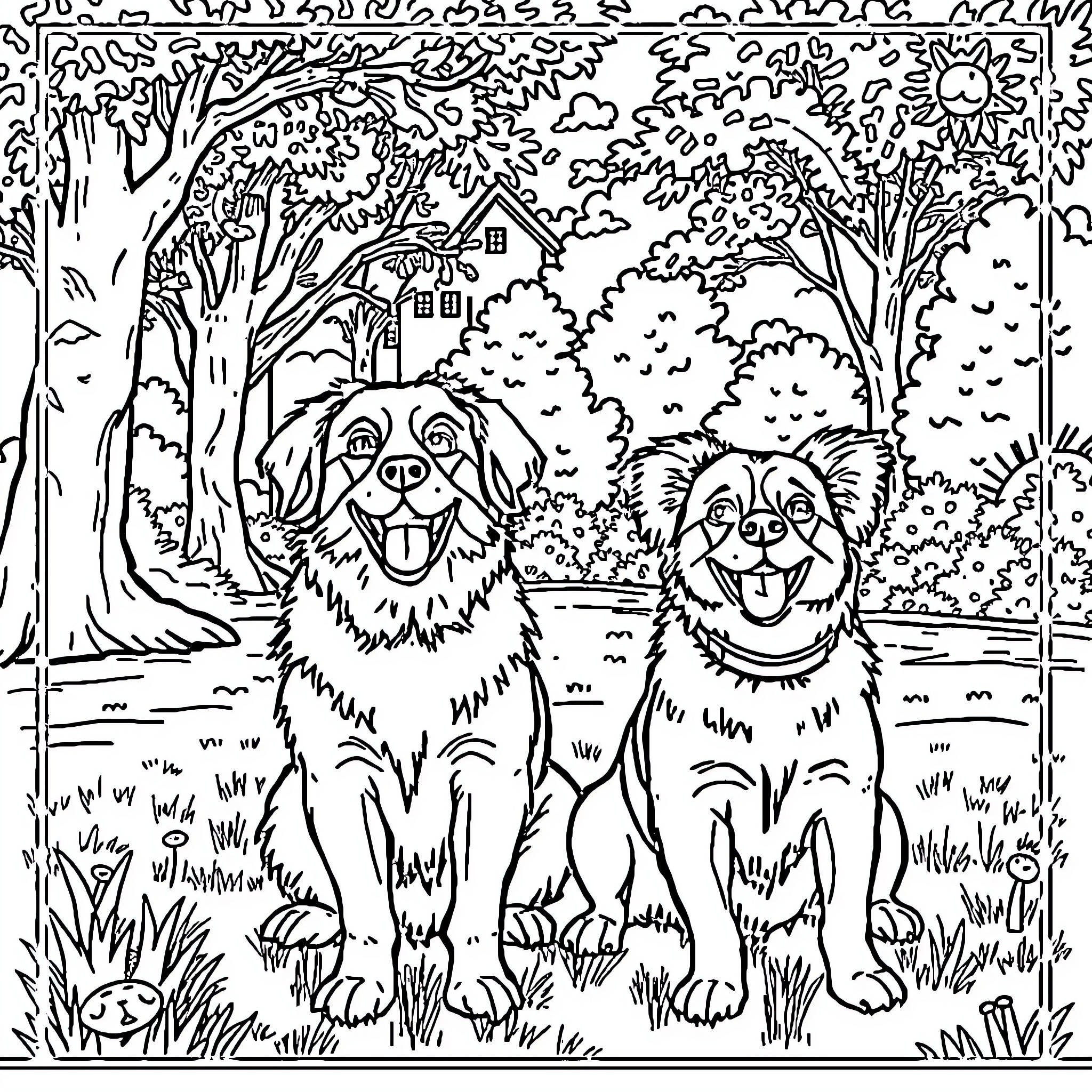 Dog friends playing happily in the forest Coloring Page (free black-and-white line drawing printable PDF for all, from beginners to advanced learners, including children, teens, adults, and seniors)