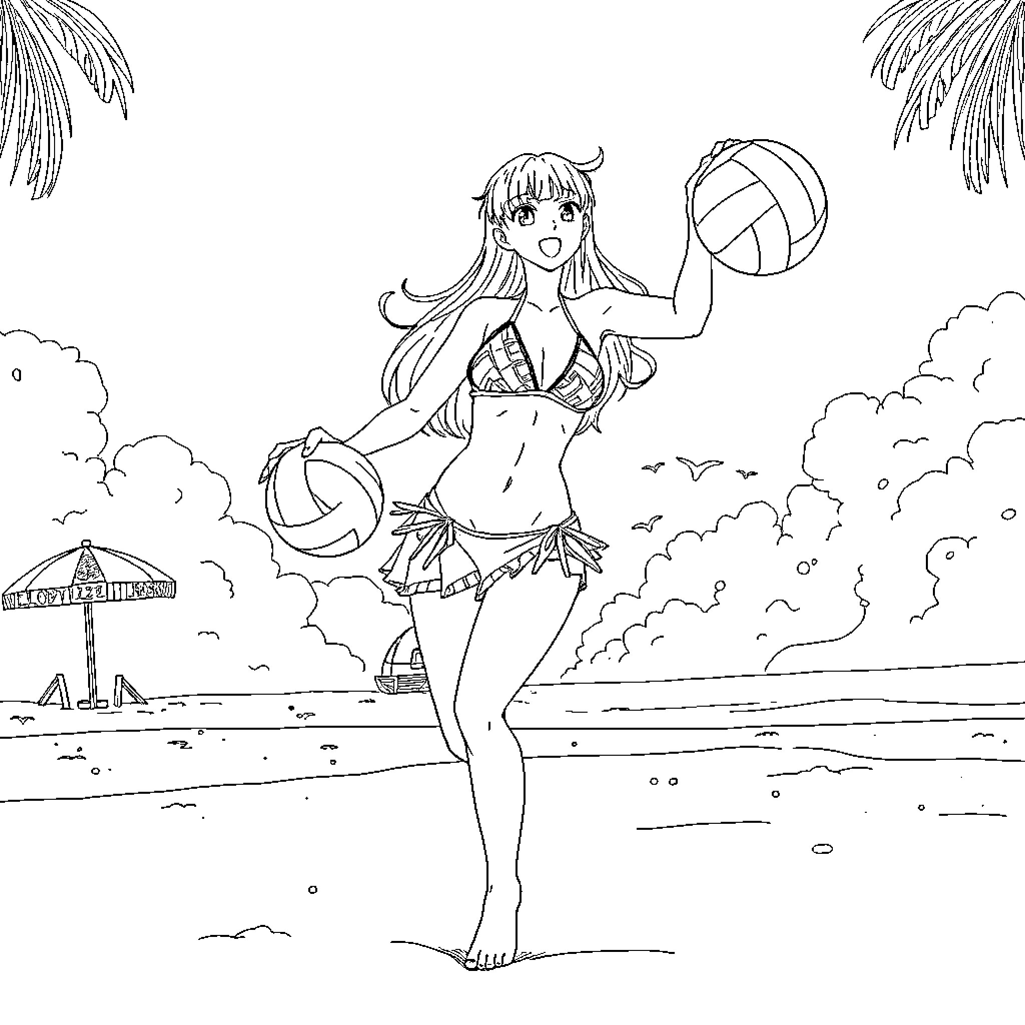 May Shinamaru enjoying beach volleyball game Coloring Page (free black-and-white line drawing printable PDF for all, from beginners to advanced learners, including children, teens, adults, and seniors)