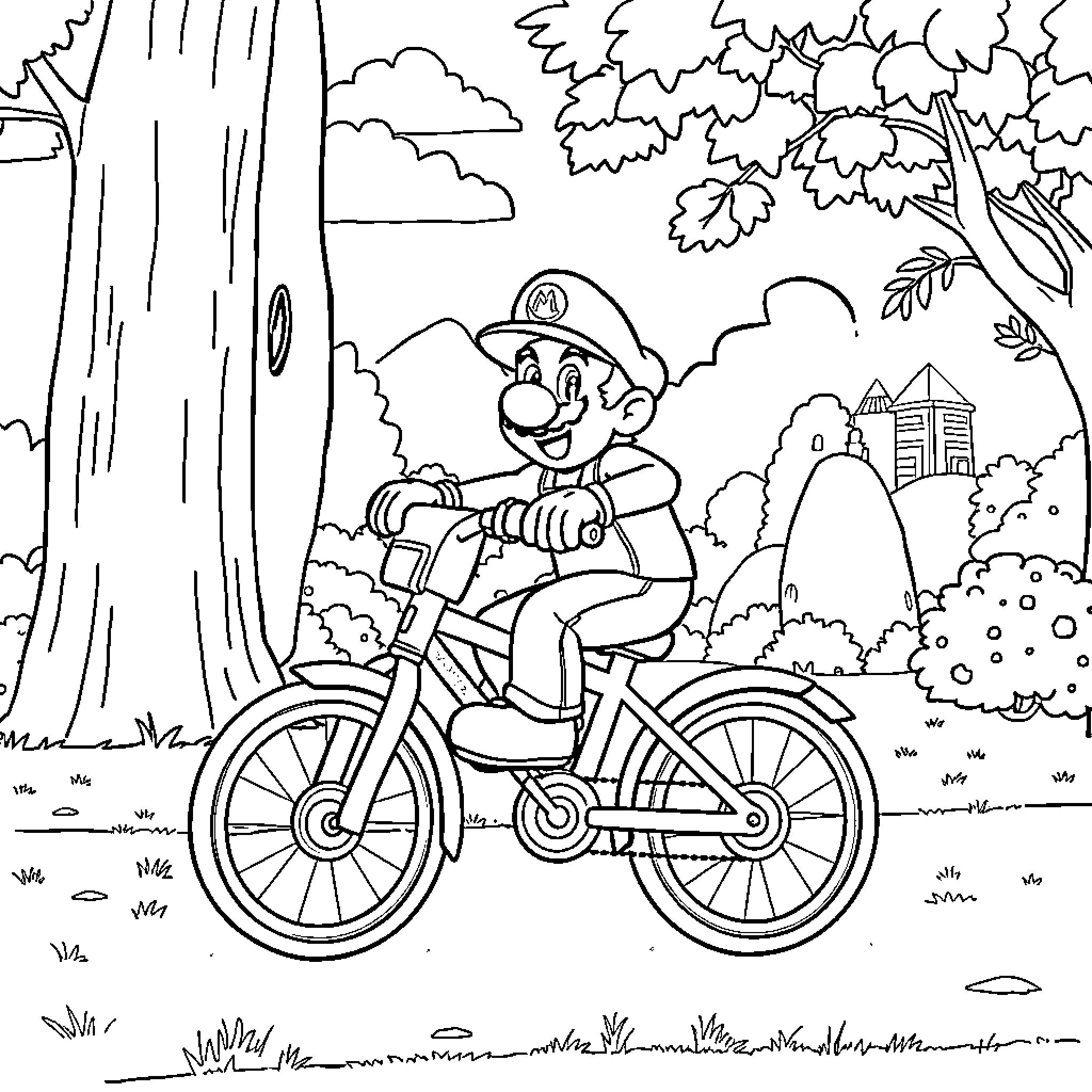 Mario riding a bicycle through a forest Coloring Page (free black-and-white line drawing printable PDF for all, from beginners to advanced learners, including children, teens, adults, and seniors)