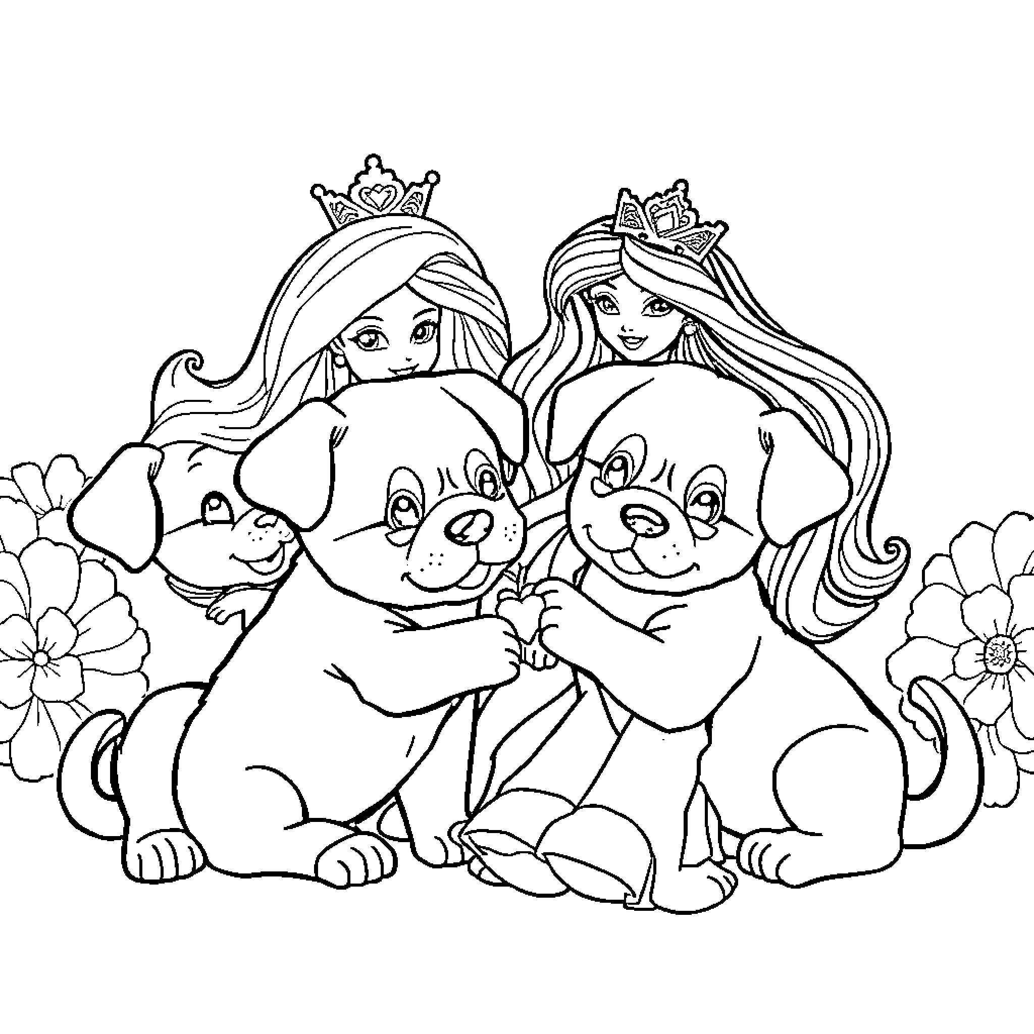 Puppy friends with princesses in a flower field Coloring Page (free black-and-white line drawing printable PDF for all, from beginners to advanced learners, including children, teens, adults, and seniors)
