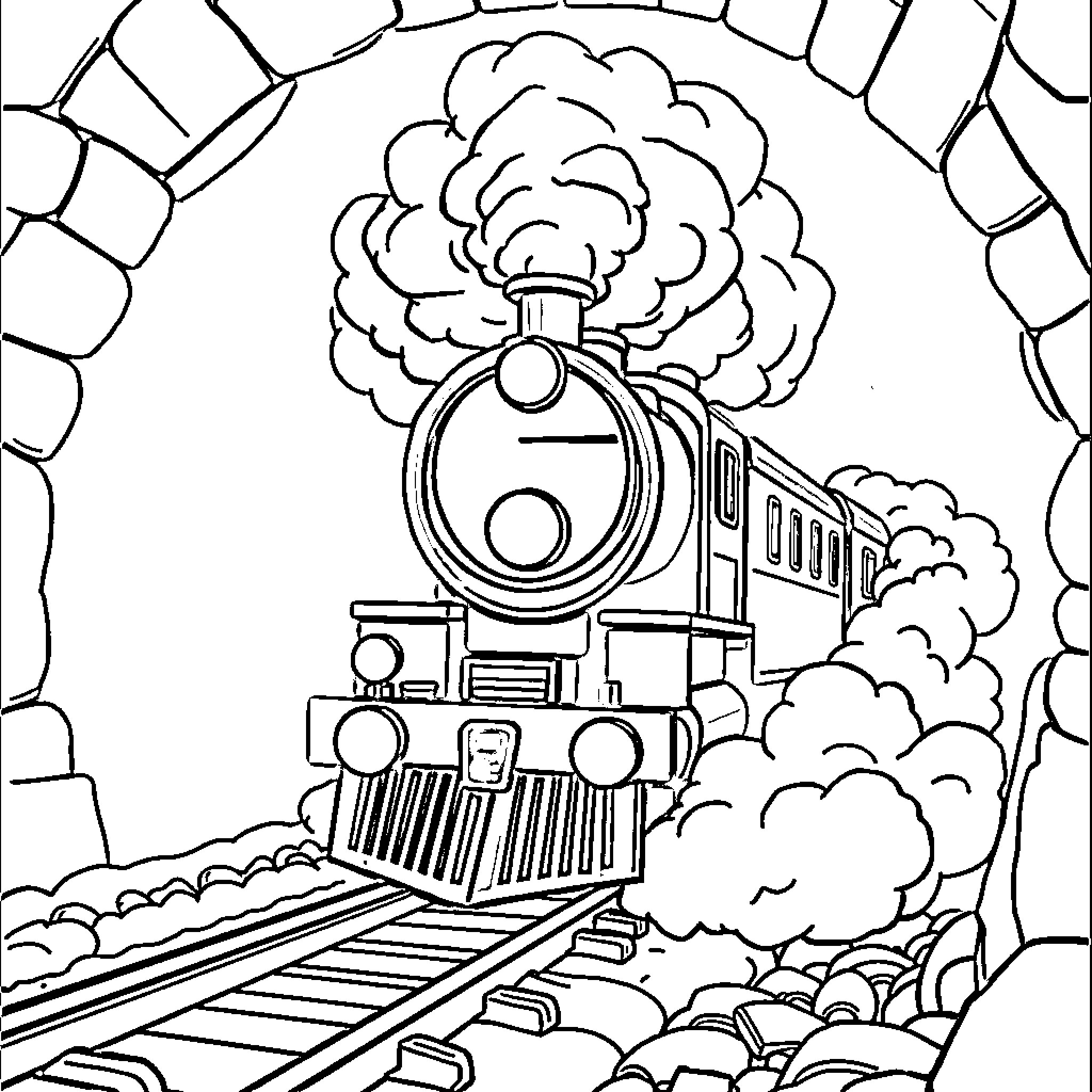 Train speeding through a tunnel with clouds Coloring Page (free black-and-white line drawing printable PDF for all, from beginners to advanced learners, including children, teens, adults, and seniors)
