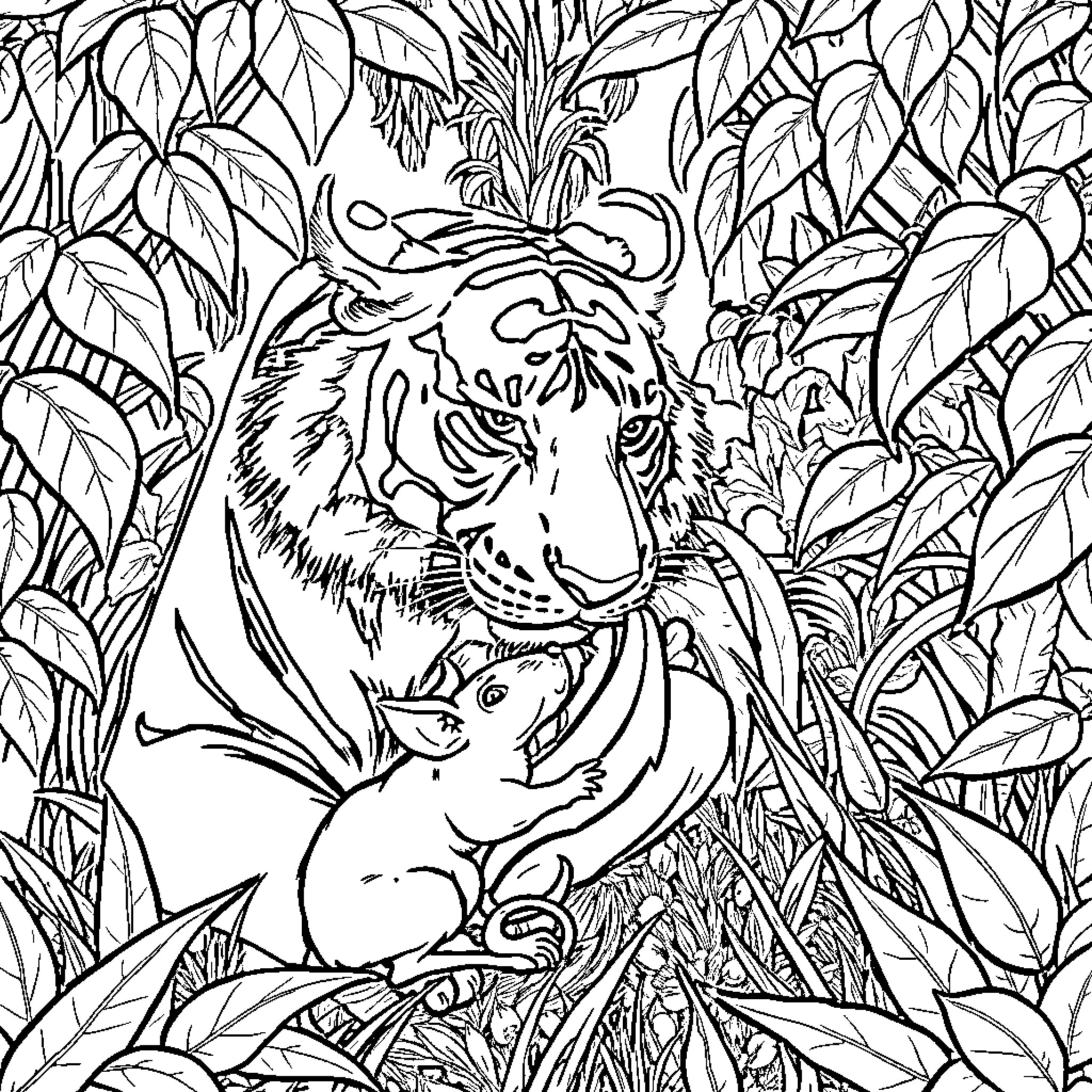 Tiger Stalking Prey in Lush Jungle Coloring Page (free black-and-white line drawing printable PDF for all, from beginners to advanced learners, including children, teens, adults, and seniors)