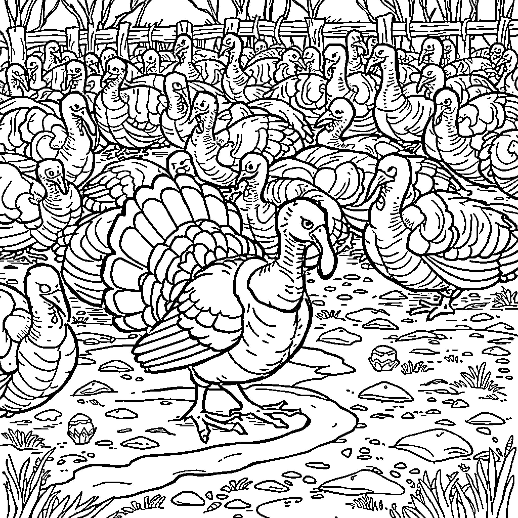 Turkey gathering for a lively celebration Coloring Page (free black-and-white line drawing printable PDF for all, from beginners to advanced learners, including children, teens, adults, and seniors)