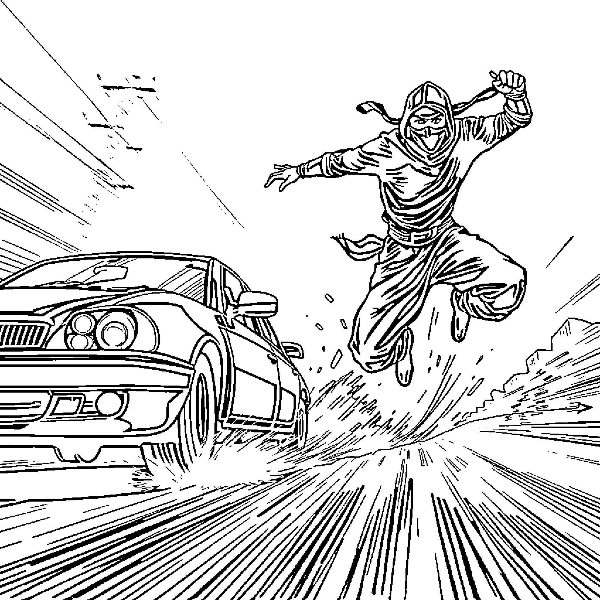 Ninja leaping high into the air amid high-speed chase Coloring Page (free black-and-white line drawing printable PDF for all, from beginners to advanced learners, including children, teens, adults, and seniors)