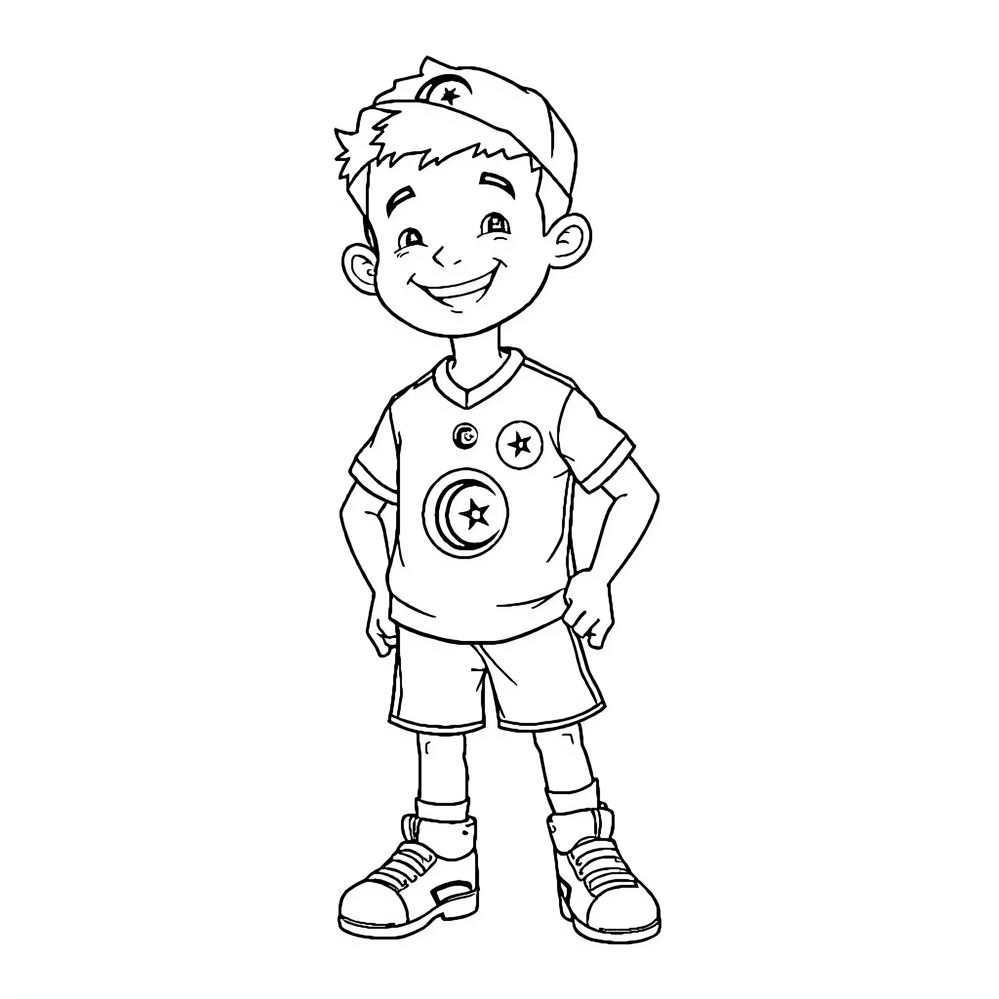 Character in Cheerful Pose with Graphic Outfit Coloring Page (free black-and-white line drawing printable PDF for all, from beginners to advanced learners, including children, teens, adults, and seniors)